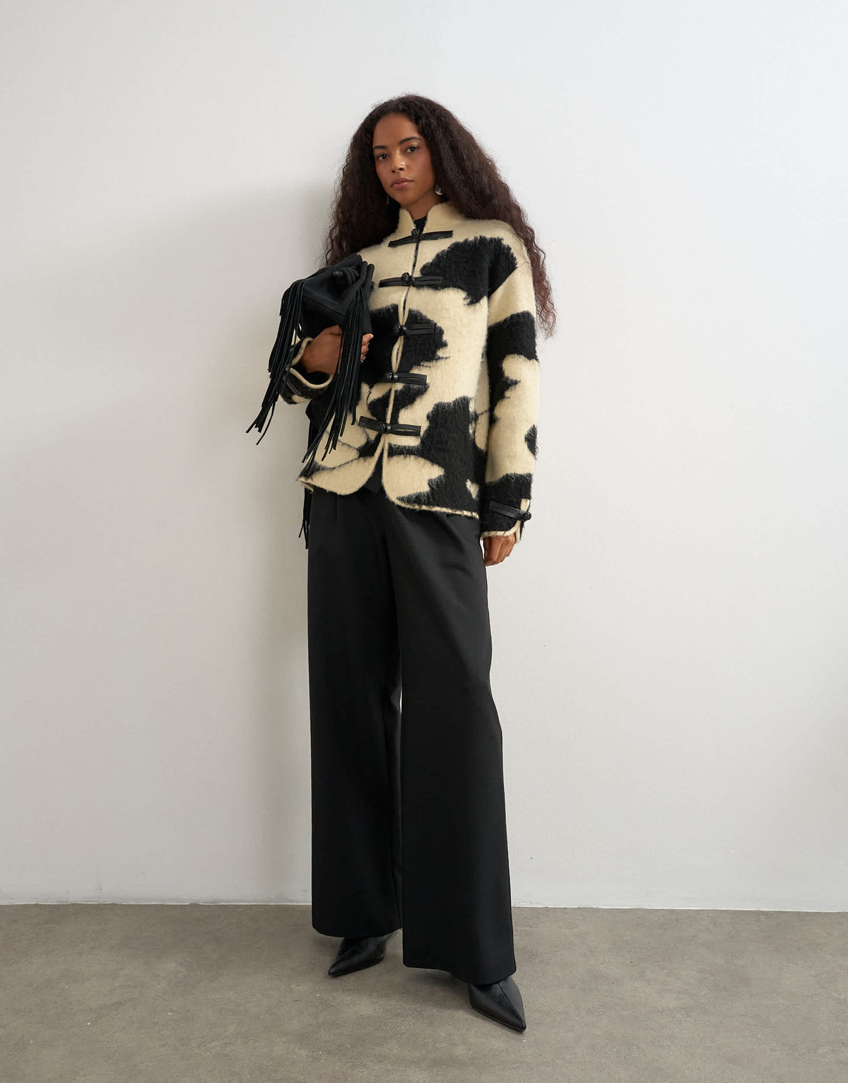 Topshop knitted patterned frogging detail jacket in black and white