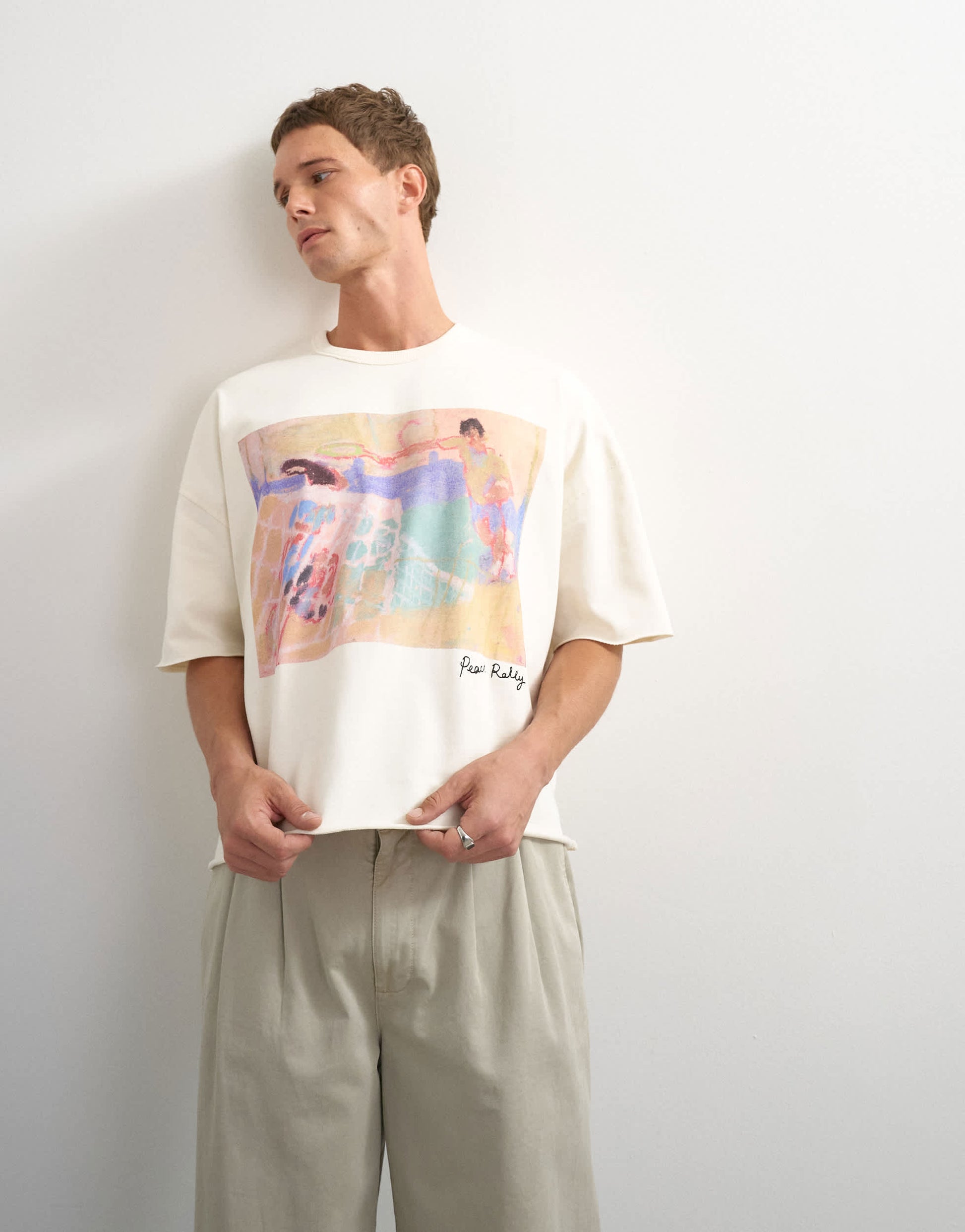 Topman x Akilah boxy fit crop abstract scenic graphic t-shirt with embroidery in ecru