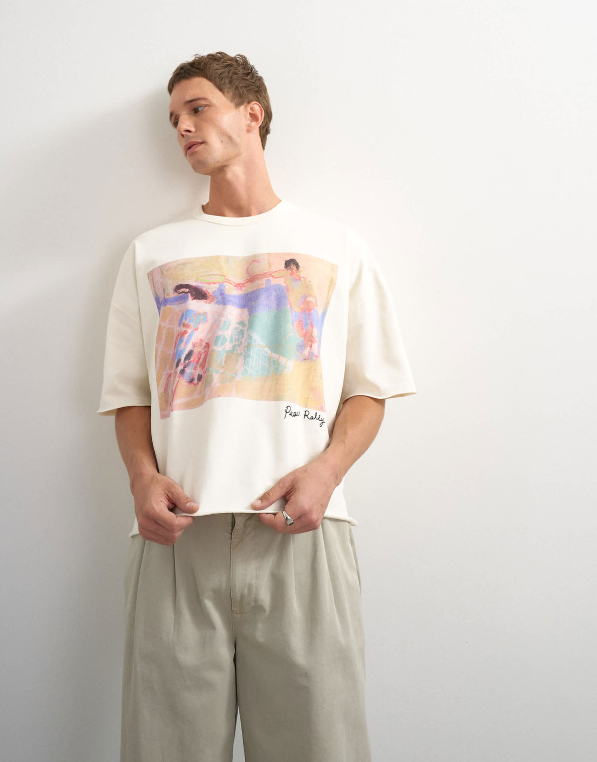 Topman x Akilah boxy fit crop abstract scenic graphic t-shirt with embroidery in ecru