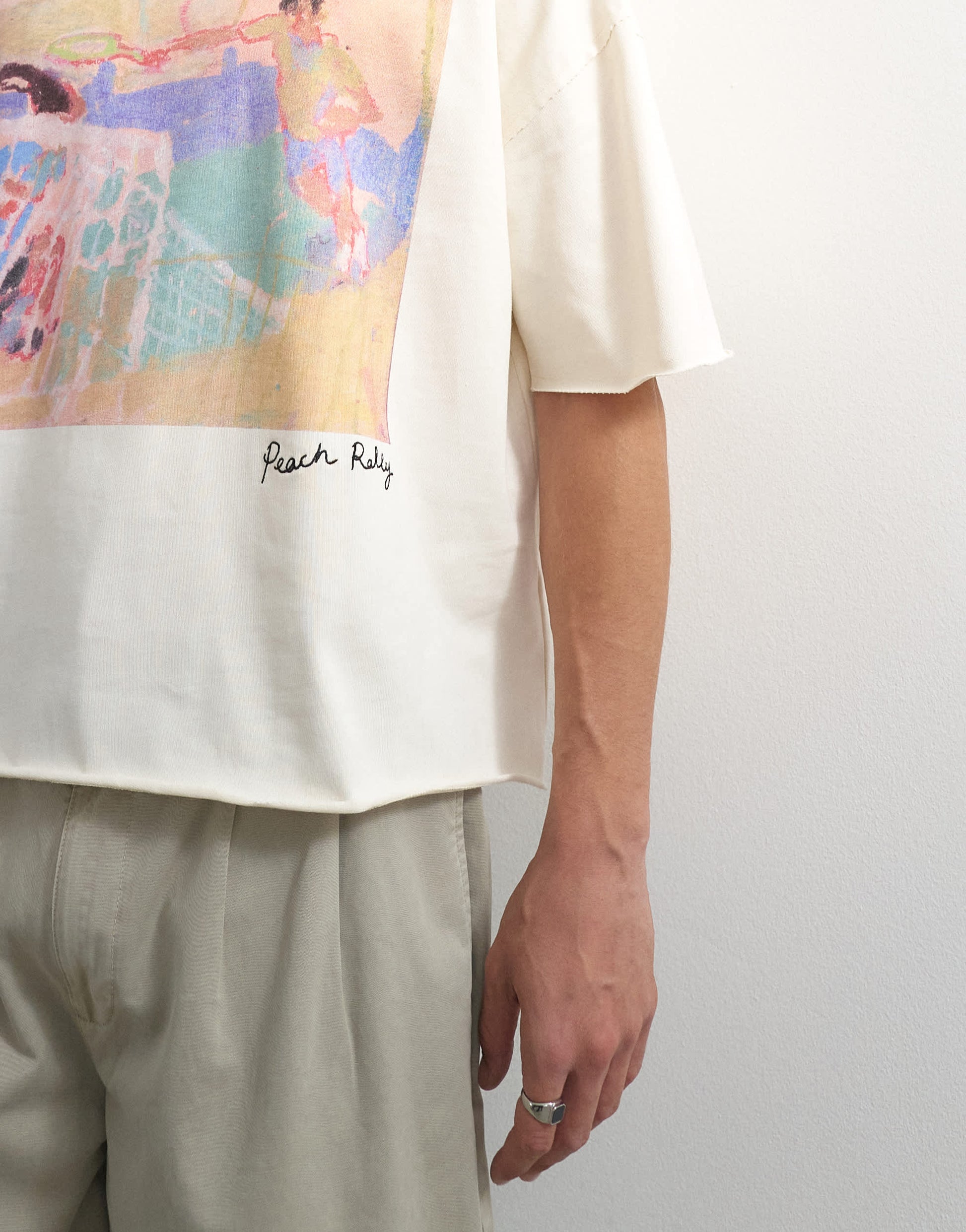 Topman x Akilah boxy fit crop abstract scenic graphic t-shirt with embroidery in ecru