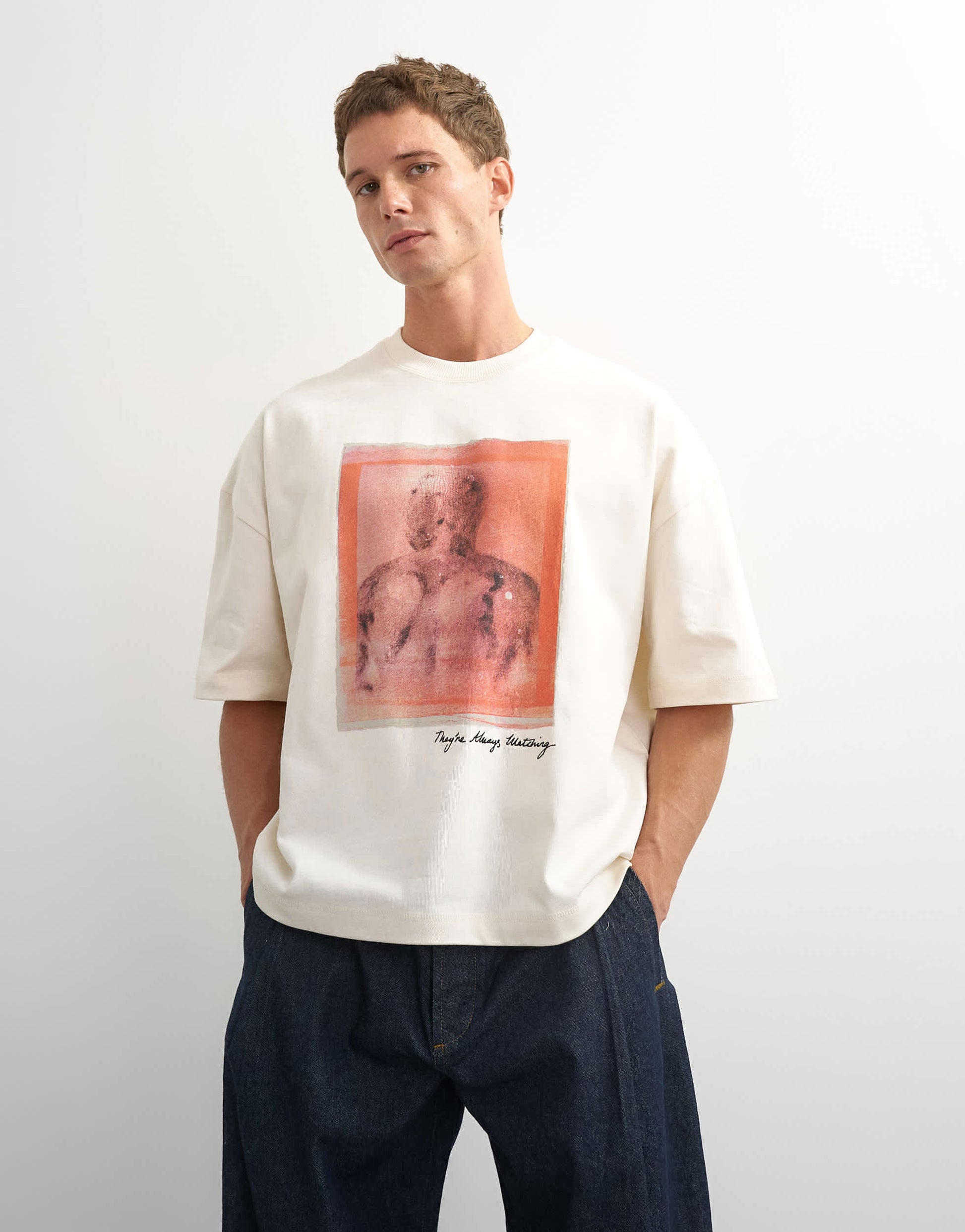 Topman x Paul Majek boxy fit crop abstract portrait graphic t-shirt with embroidery in ecru