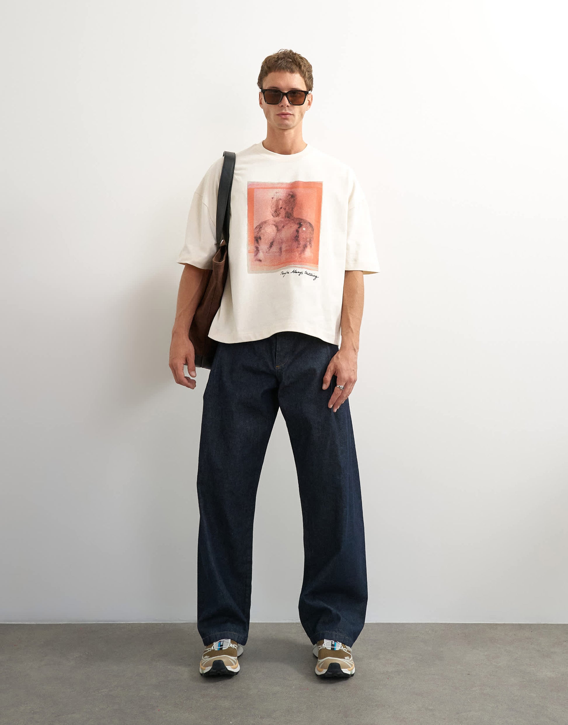 Topman x Paul Majek boxy fit crop abstract portrait graphic t-shirt with embroidery in ecru