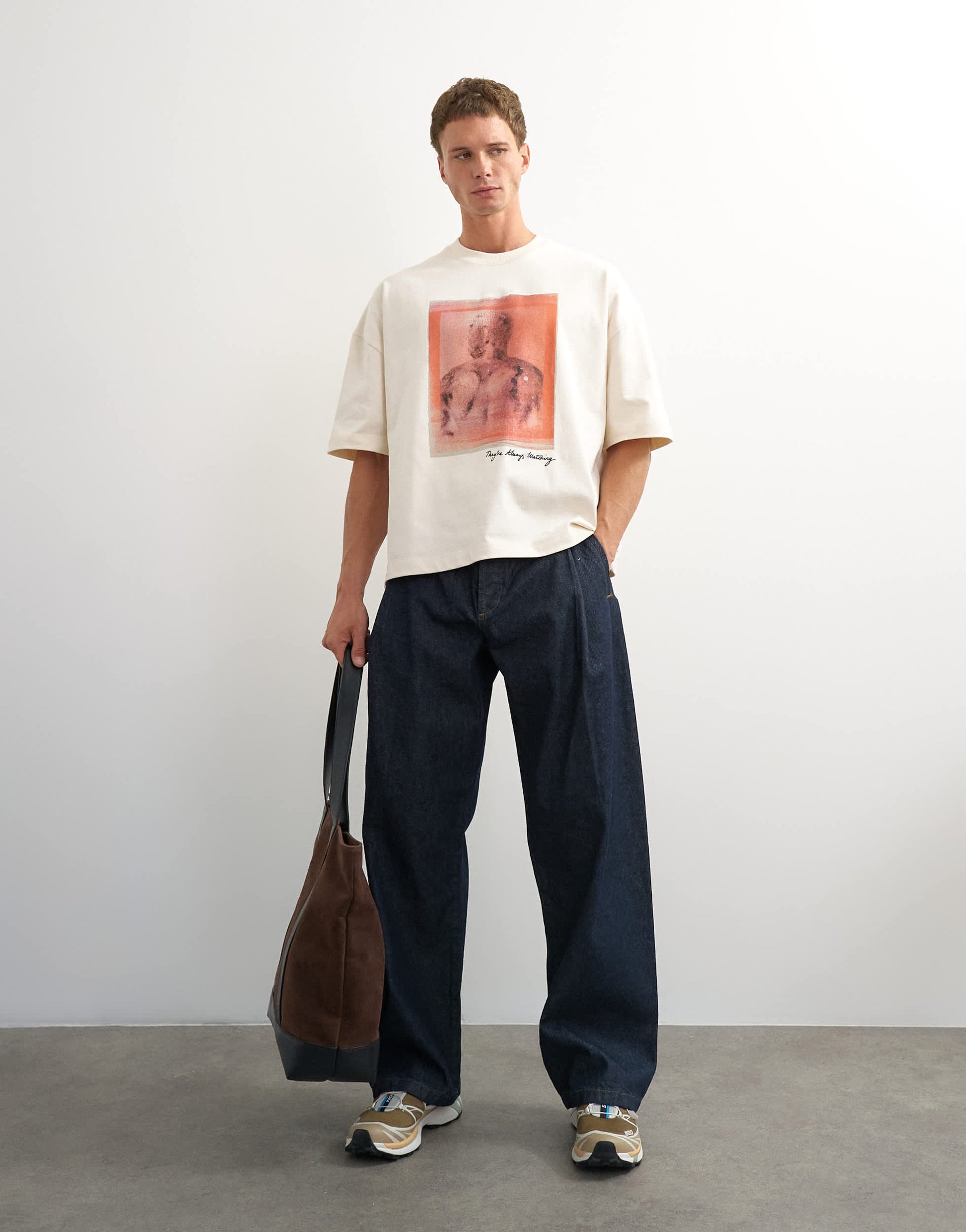 Topman x Paul Majek boxy fit crop abstract portrait graphic t-shirt with embroidery in ecru