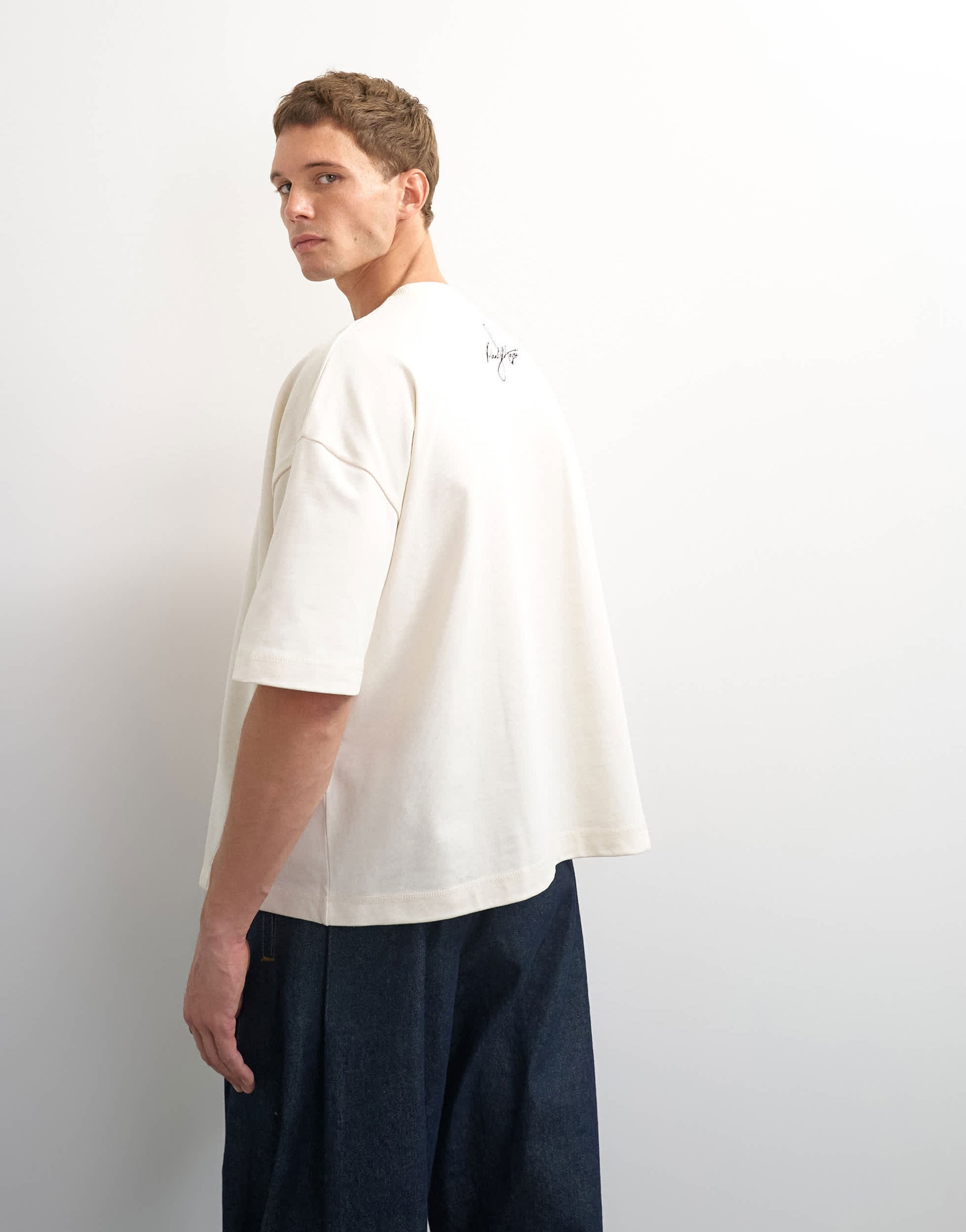 Topman x Paul Majek boxy fit crop abstract portrait graphic t-shirt with embroidery in ecru