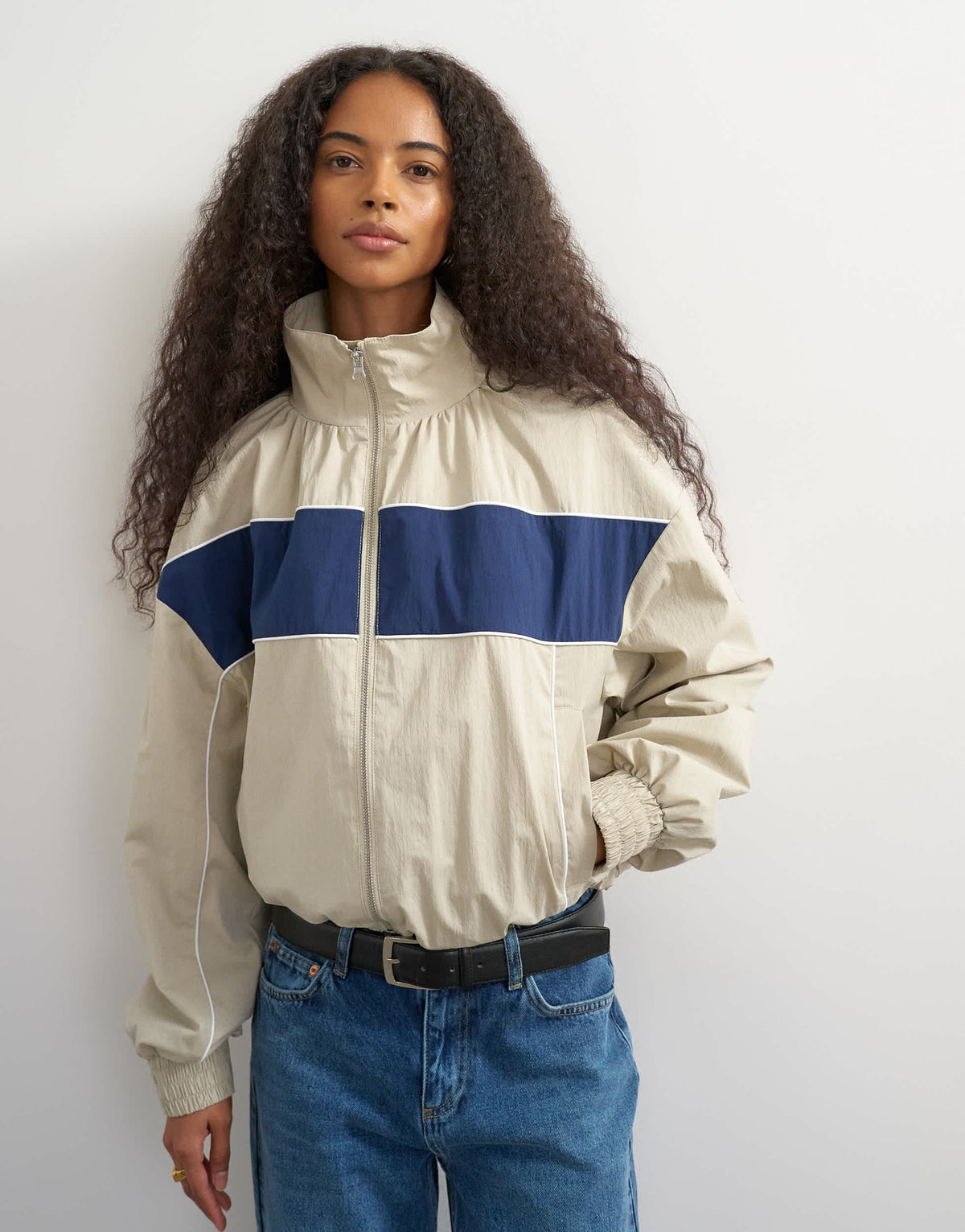 Topshop contrast piping track jacket in cream