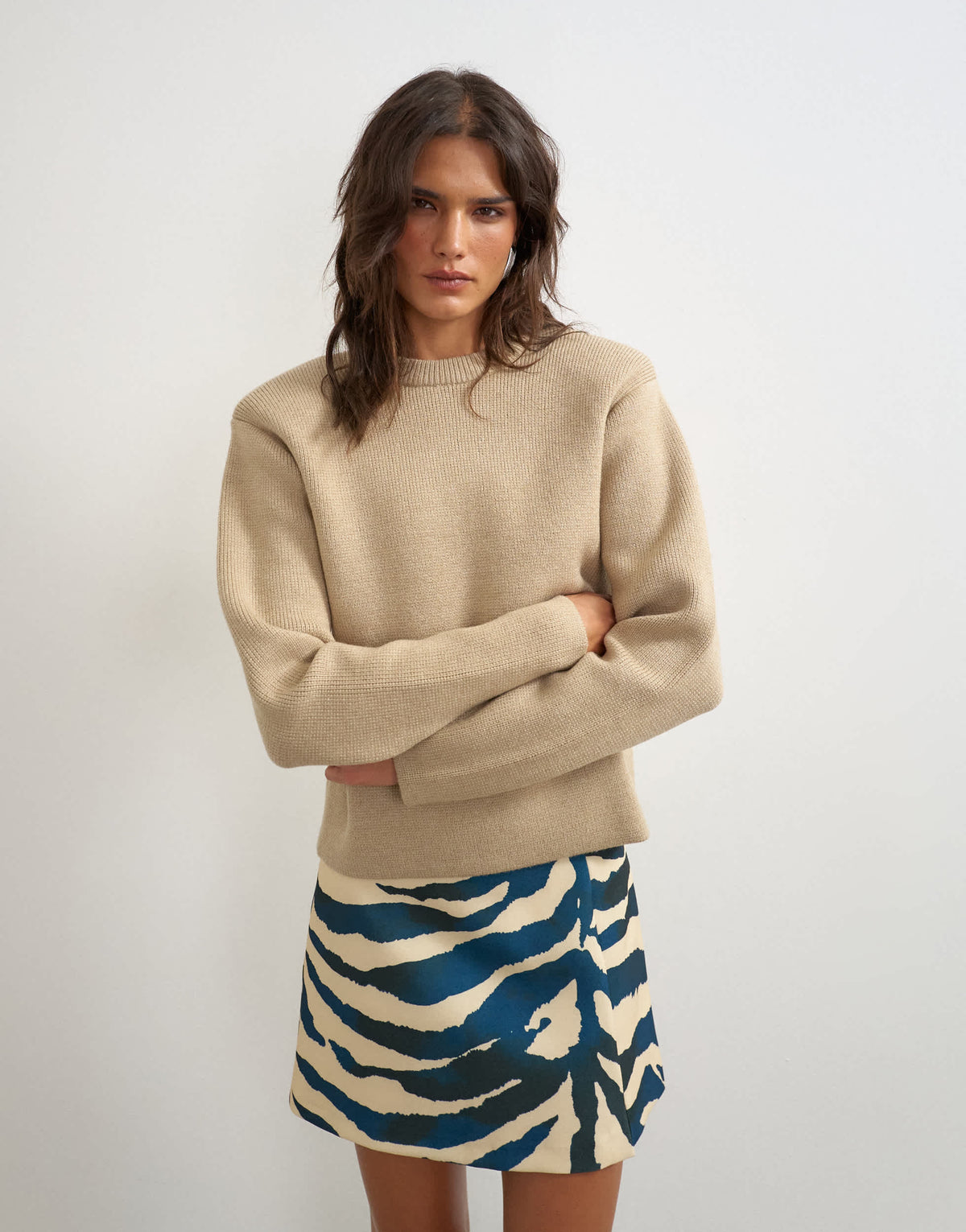 Topshop knitted all needle shoulder padded jumper in oat