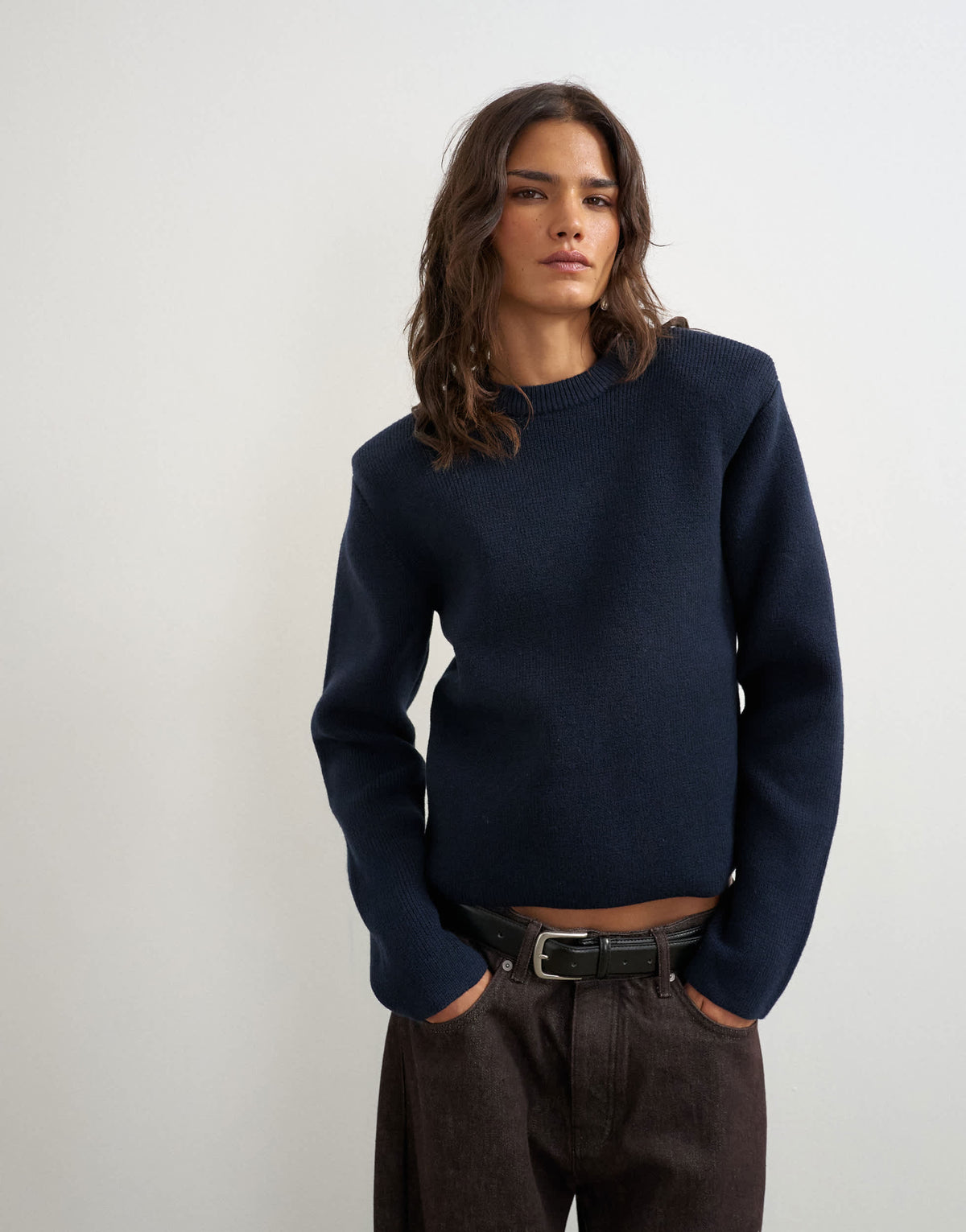 Topshop knitted all needle shoulder padded jumper in navy