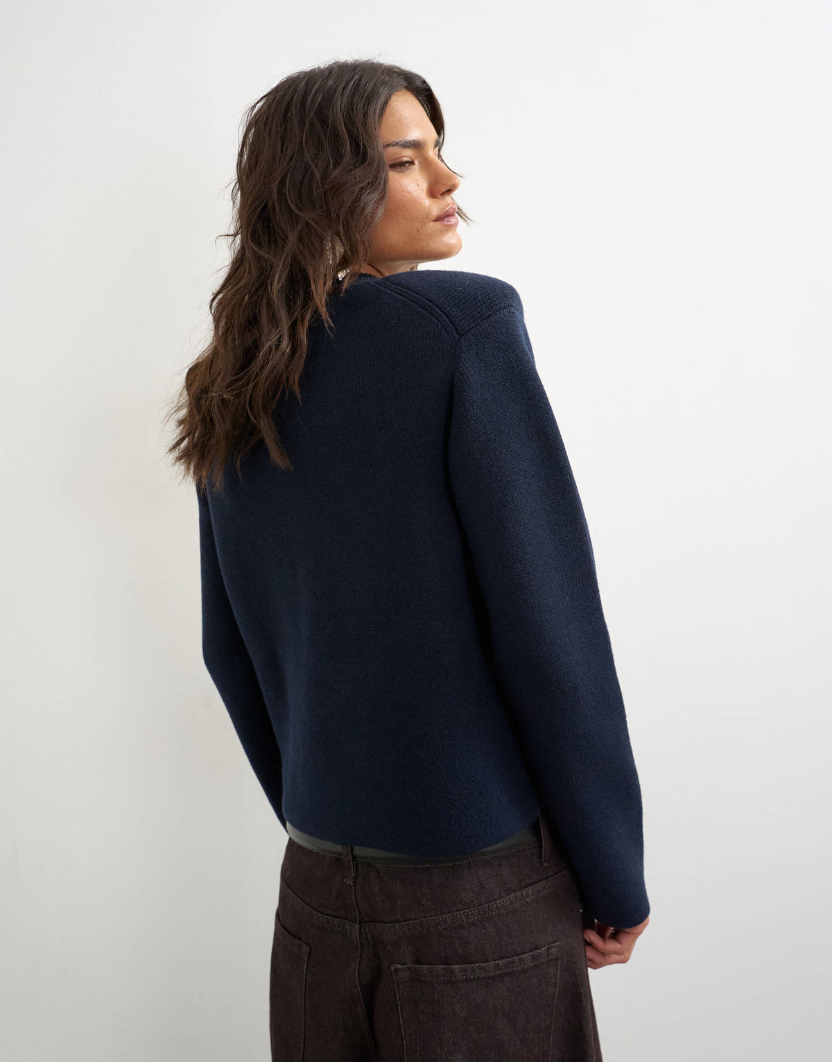 Topshop knitted all needle shoulder padded jumper in navy