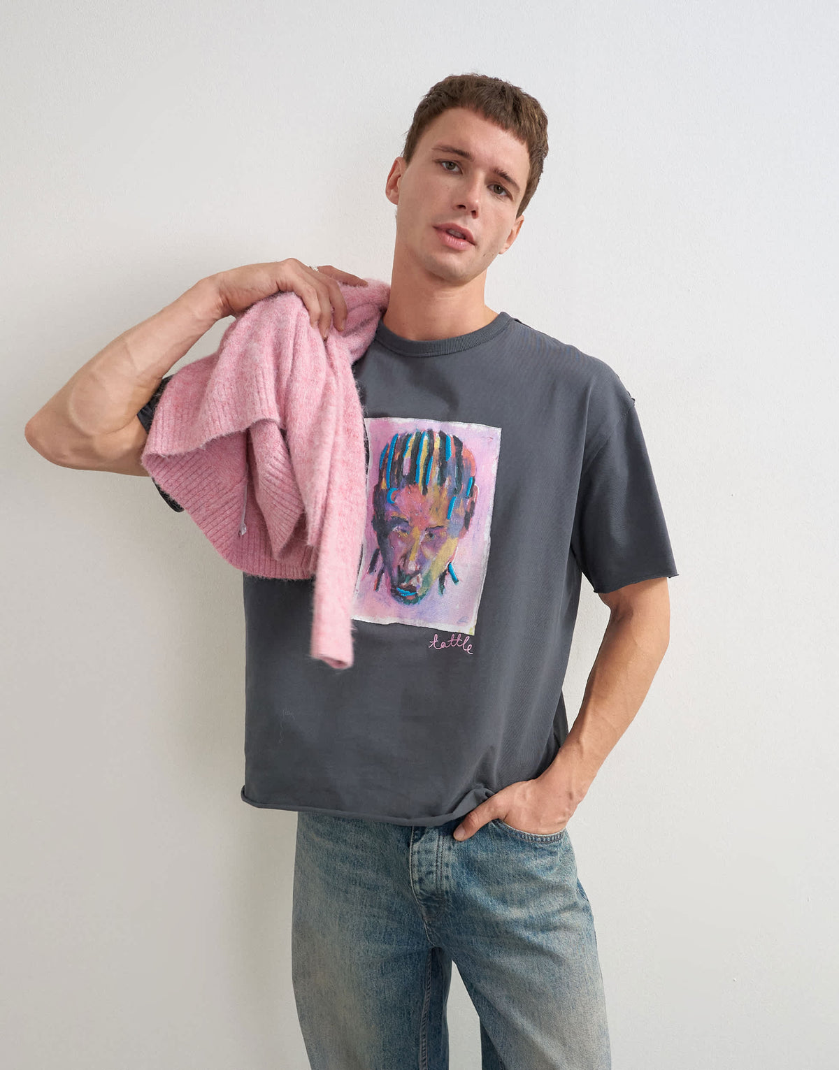 Topman x Akilah relaxed fit abstract portrait graphic t-shirt with embroidery in charcoal