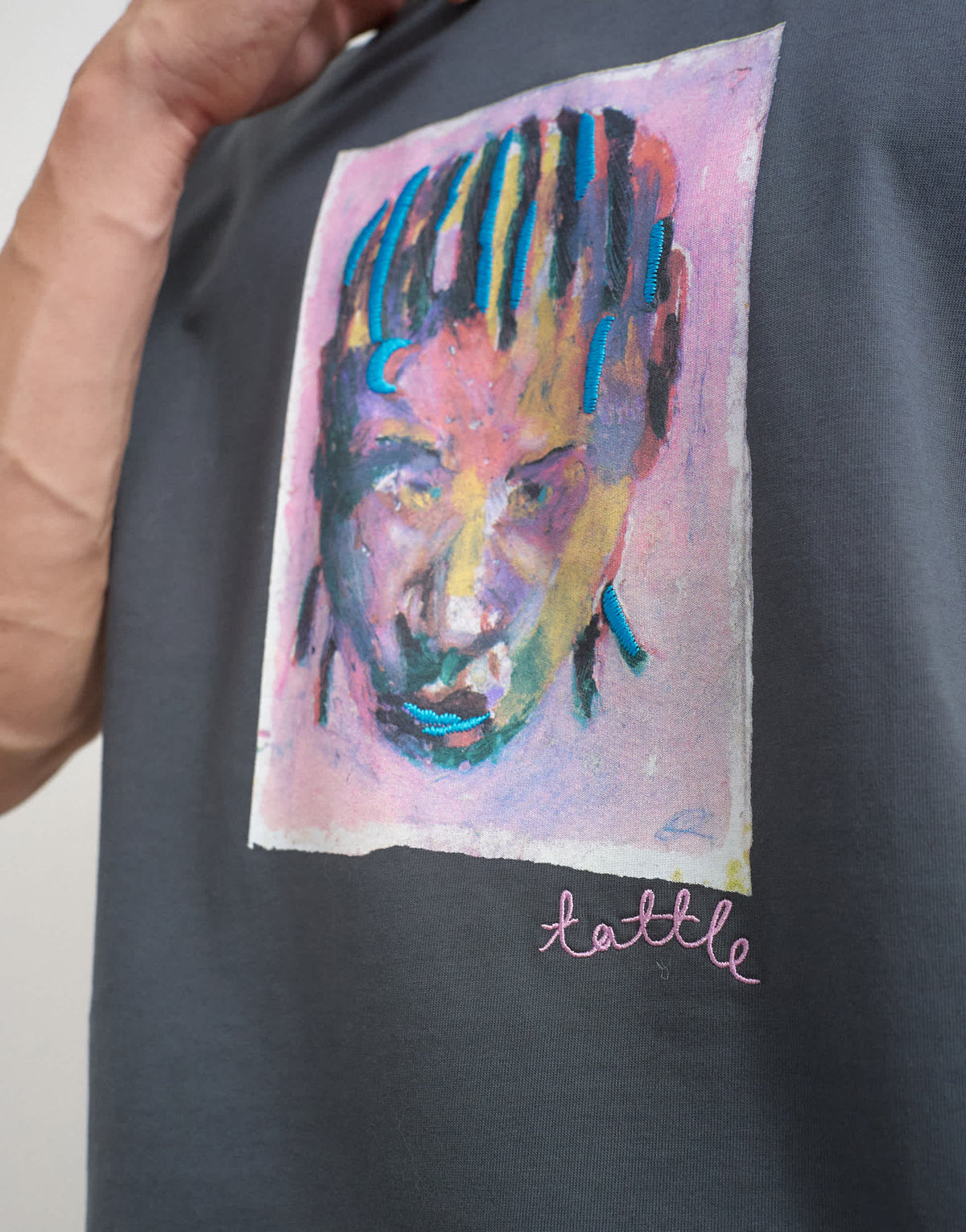 Topman x Akilah relaxed fit abstract portrait graphic t-shirt with embroidery in charcoal