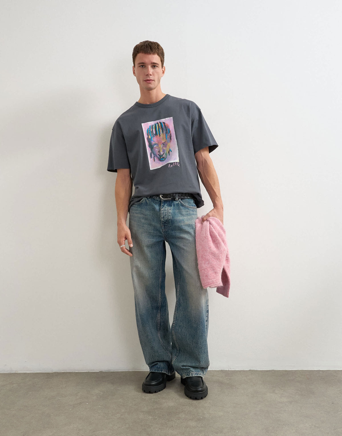 Topman x Akilah relaxed fit abstract portrait graphic t-shirt with embroidery in charcoal