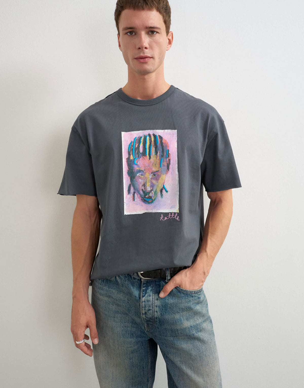 Topman x Akilah relaxed fit abstract portrait graphic t-shirt with embroidery in charcoal
