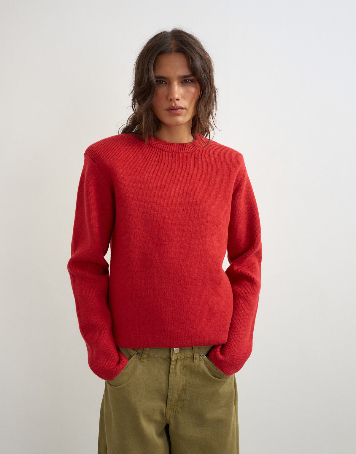Topshop knitted all needle shoulder padded jumper in red