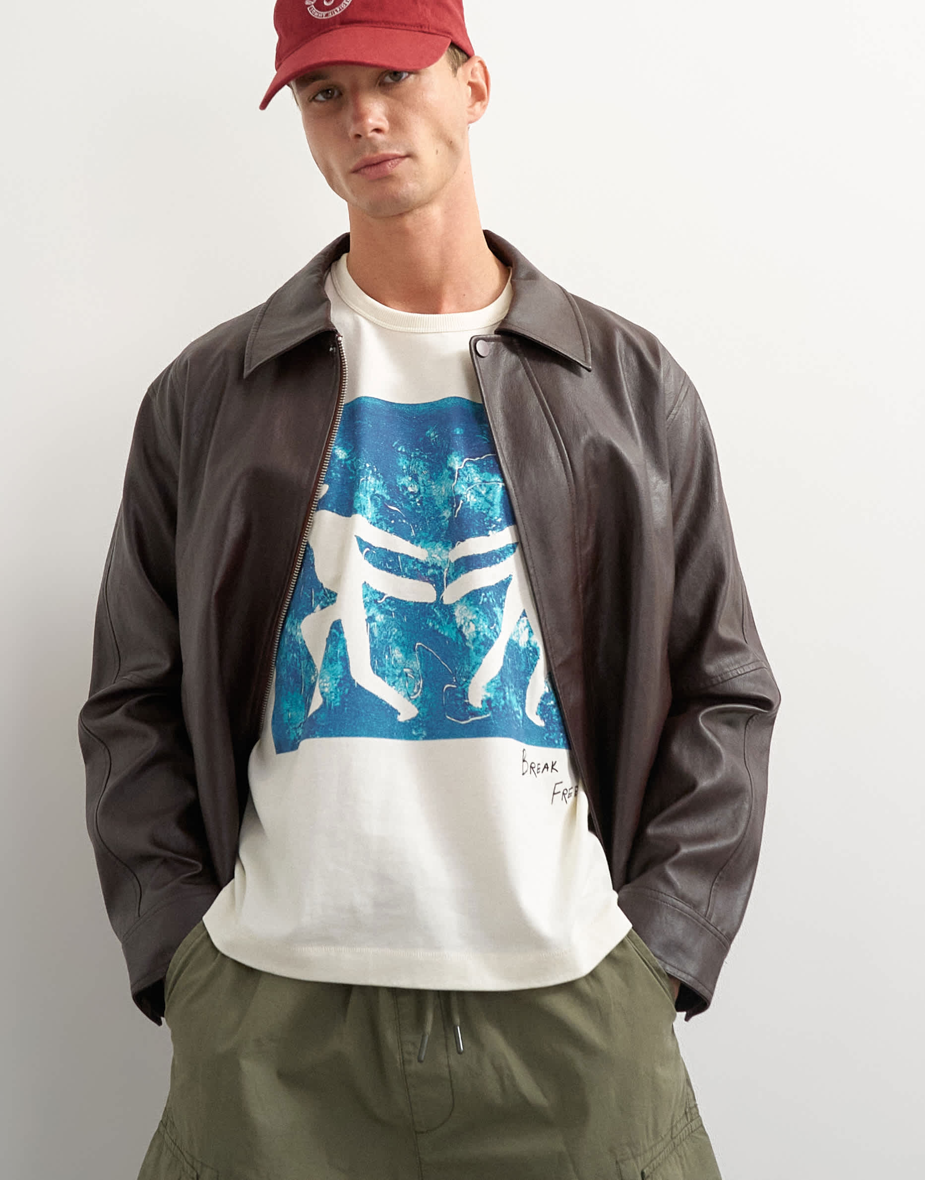 Topman x Jing boxy fit crop abstract breaking free graphic t-shirt with embroidery in ecru