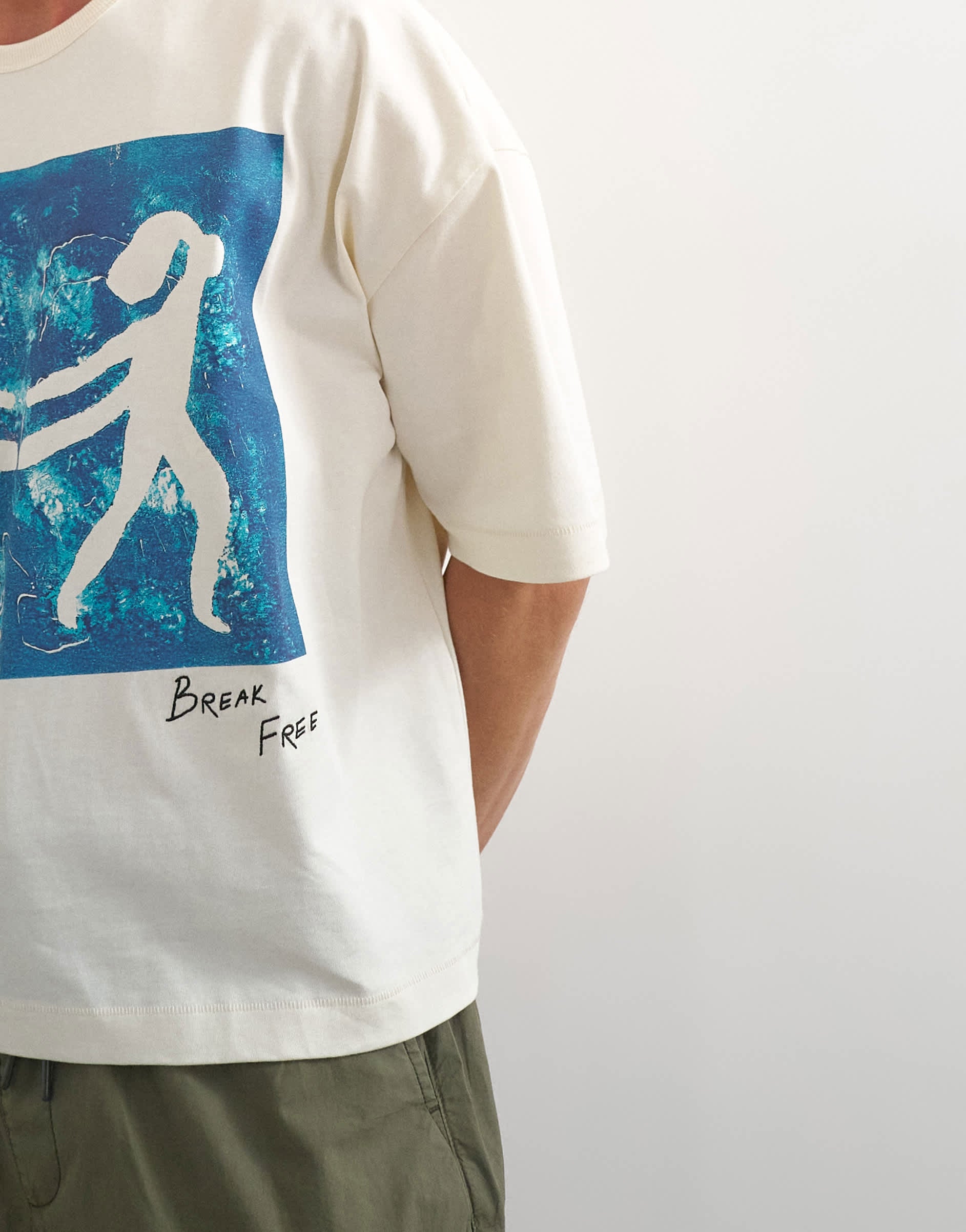 Topman x Jing boxy fit crop abstract breaking free graphic t-shirt with embroidery in ecru