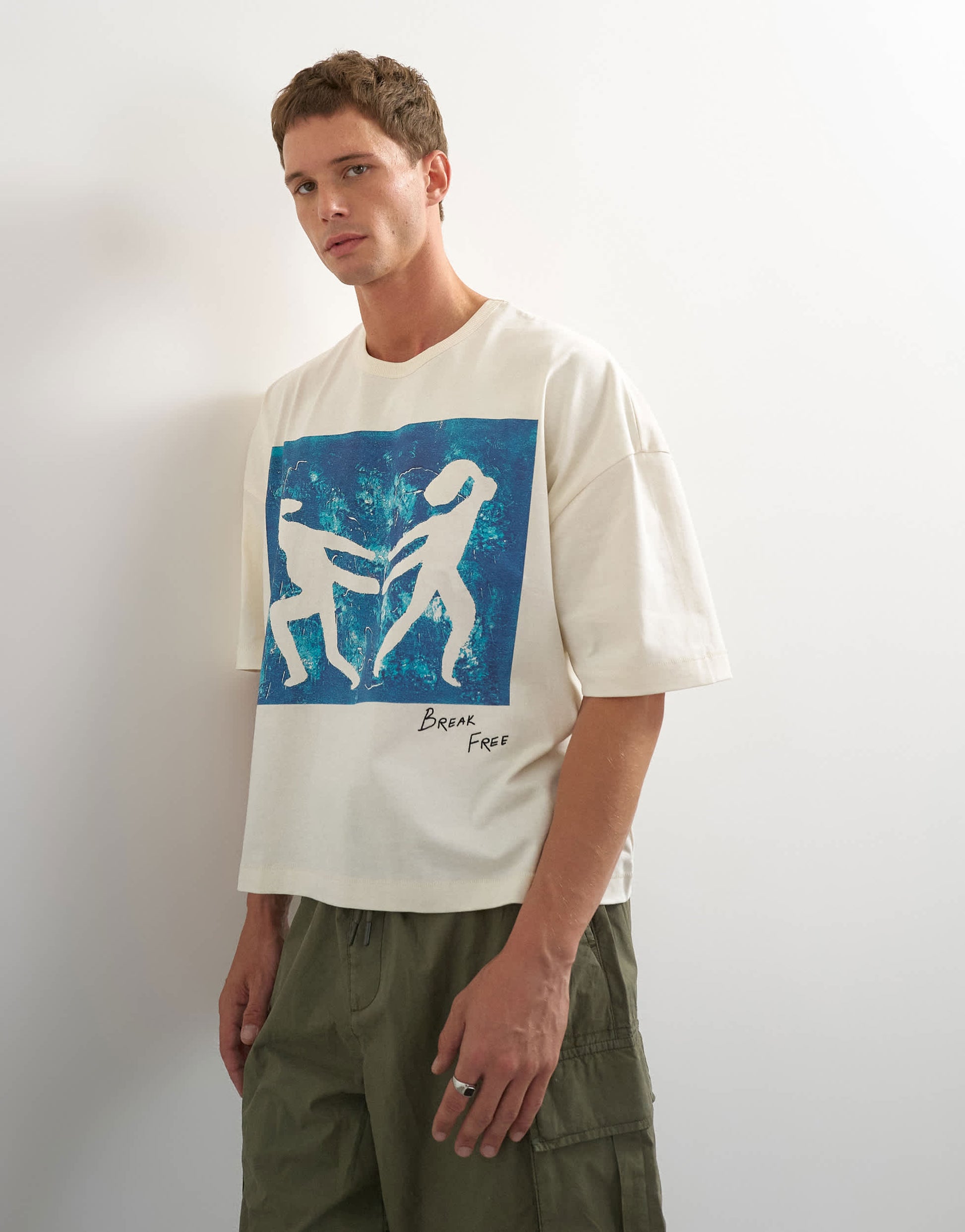Topman x Jing boxy fit crop abstract breaking free graphic t-shirt with embroidery in ecru
