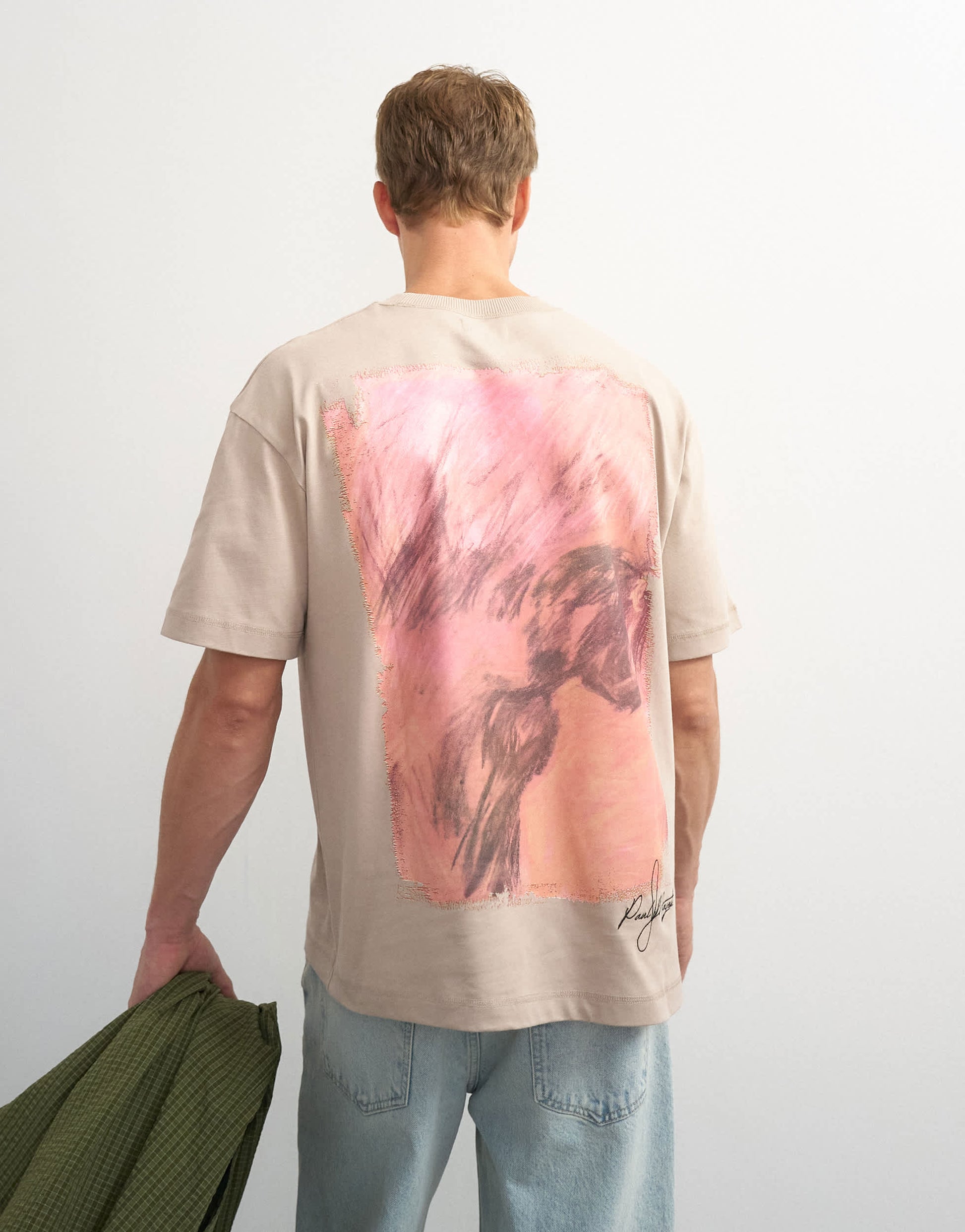 Topman x Paul Majek relaxed fit abstract painting back graphic t-shirt with embroidery in stone
