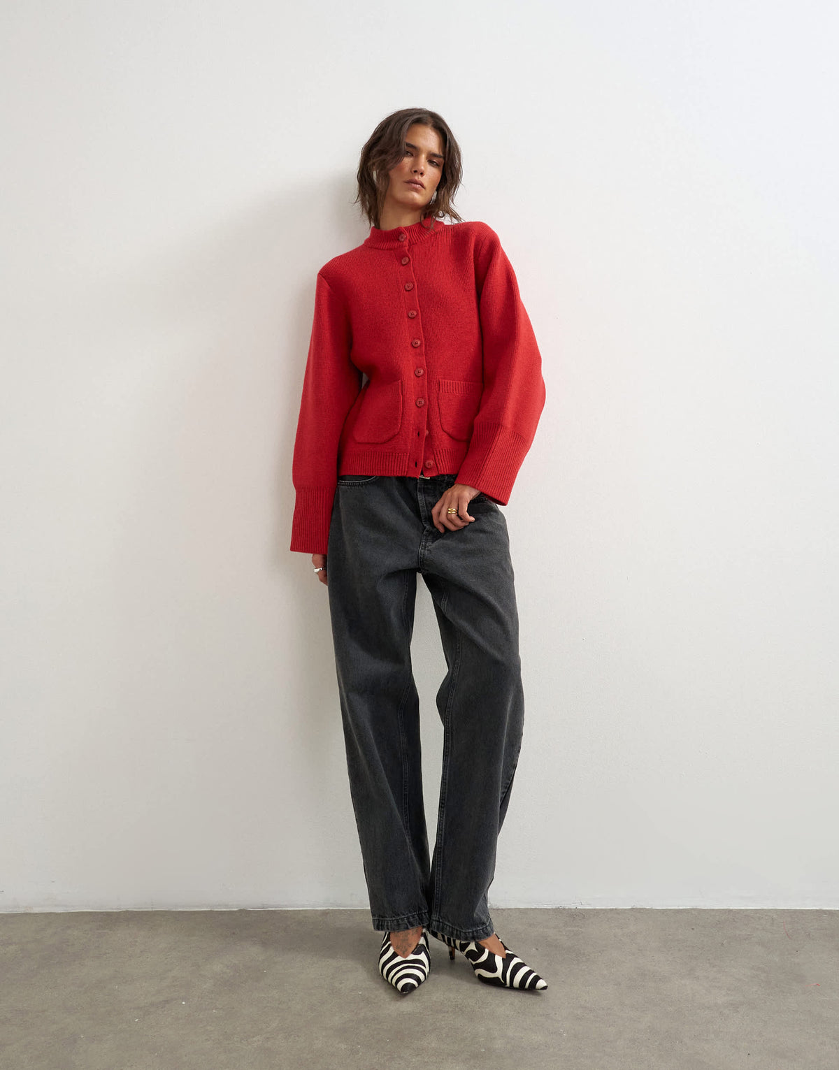 Topshop knitted pocket front cardigan in red