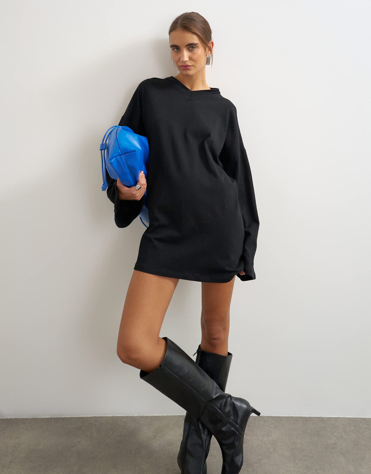 Topshop jersey cotton high v neck long sleeve mini dress in black