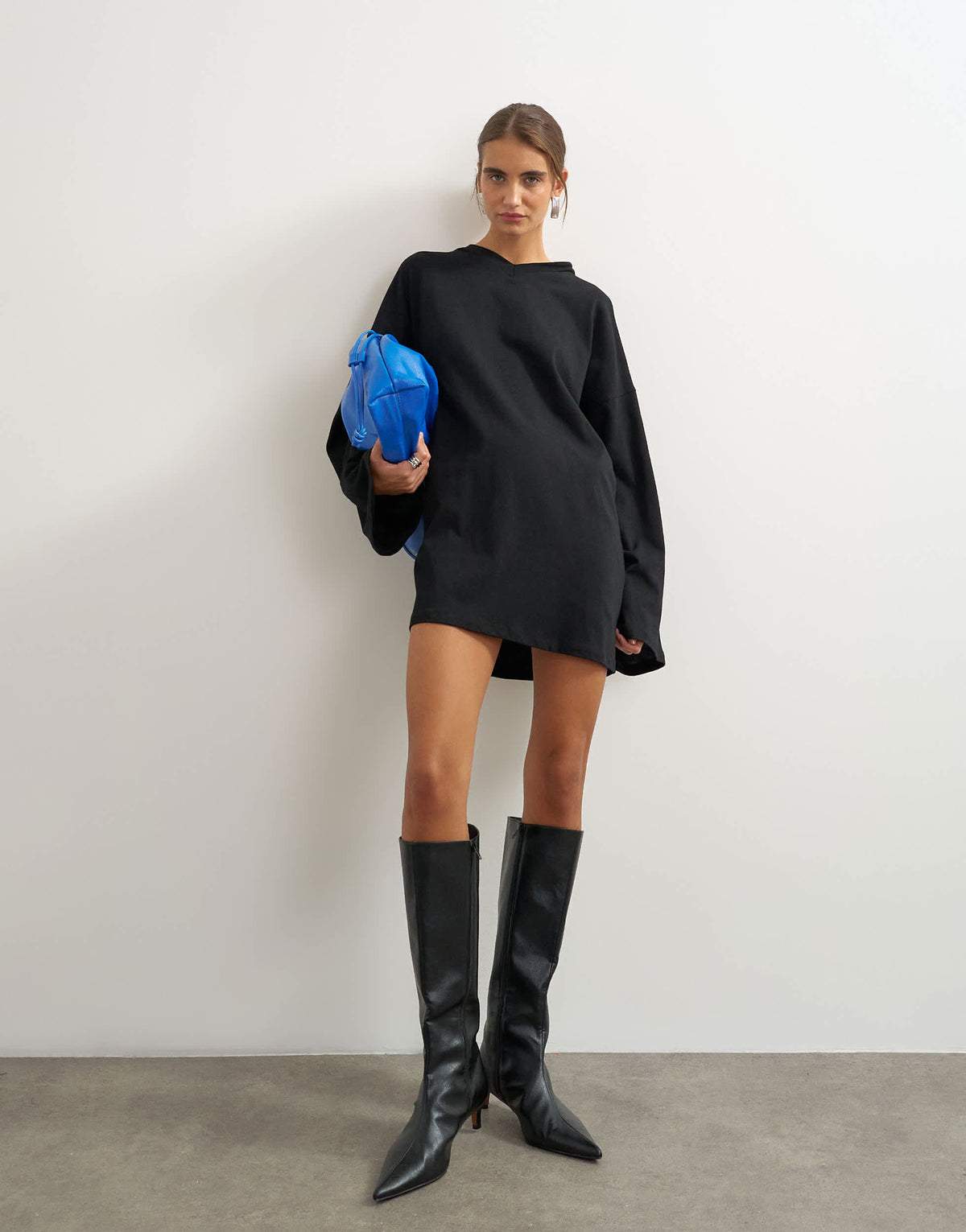 Topshop jersey cotton high v neck long sleeve mini dress in black