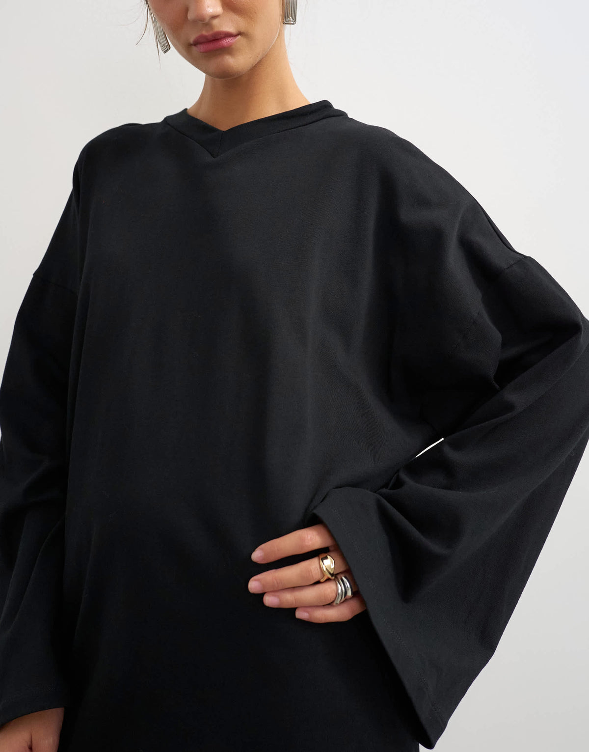 Topshop jersey cotton high v neck long sleeve mini dress in black