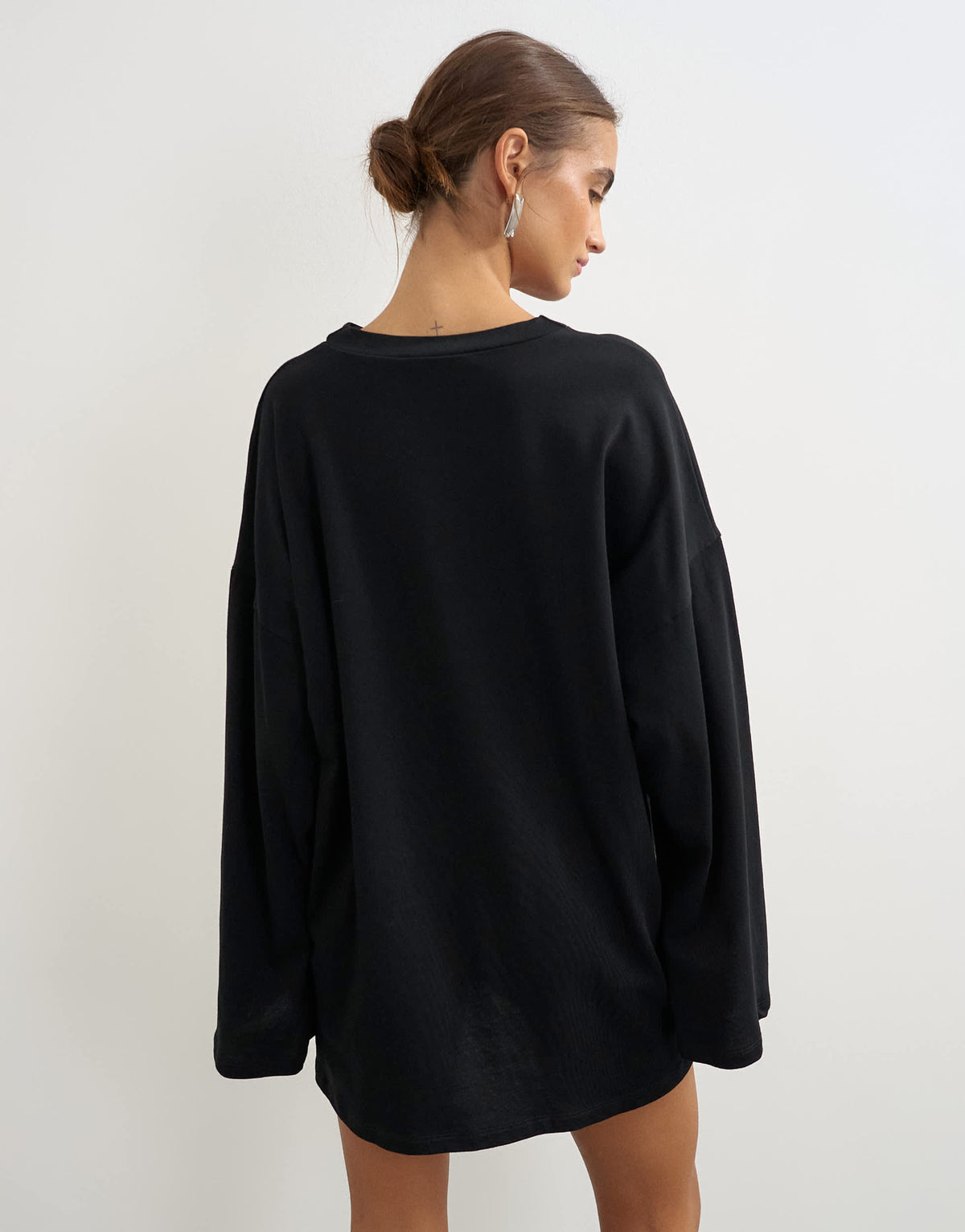 Topshop jersey cotton high v neck long sleeve mini dress in black