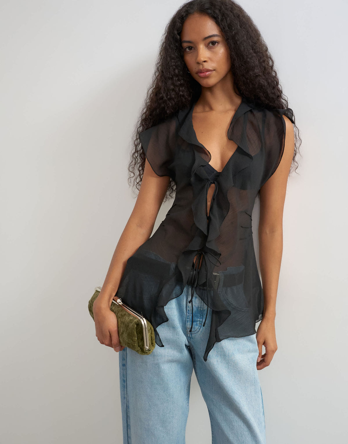 Topshop ruffle v neck top in black