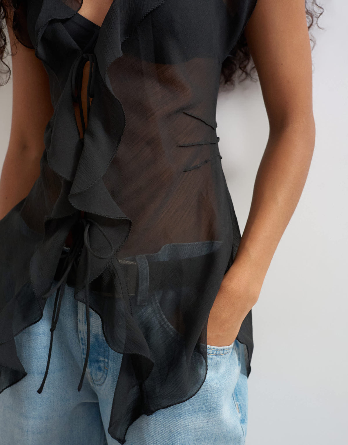 Topshop ruffle v neck top in black