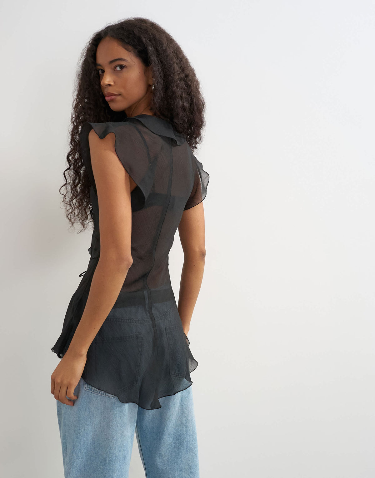 Topshop ruffle v neck top in black
