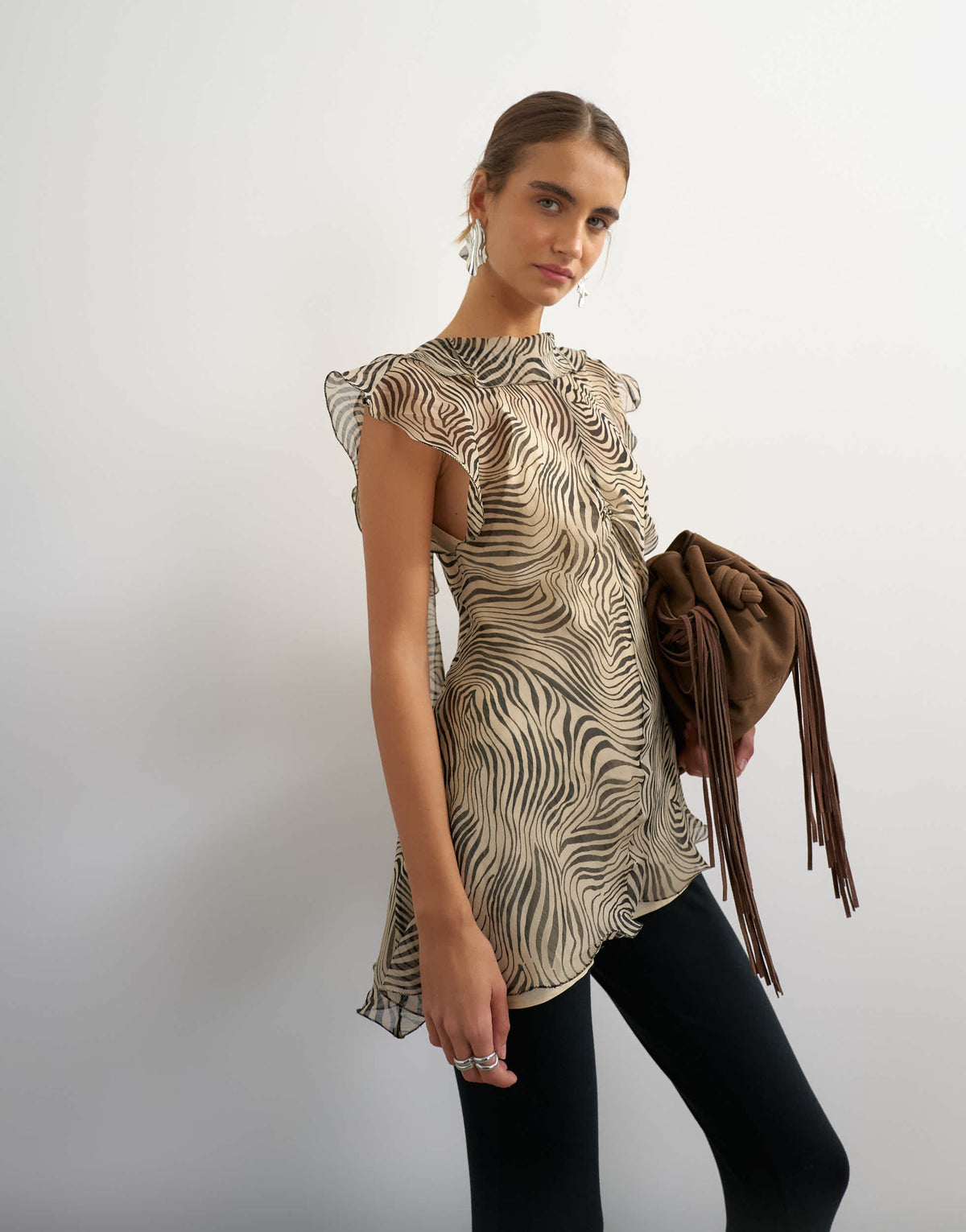 Topshop sheer drape neck top in mono zebra print