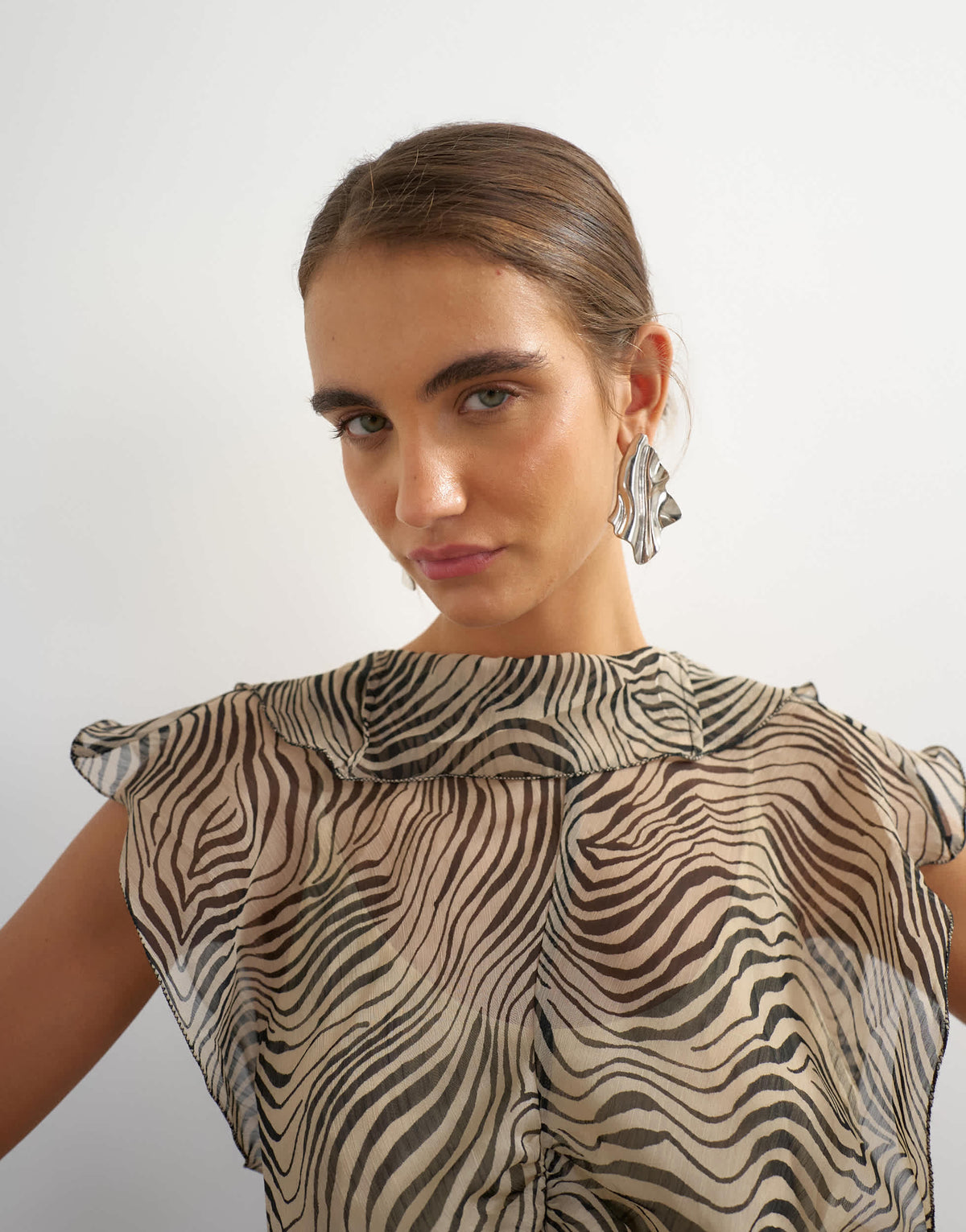 Topshop sheer drape neck top in mono zebra print