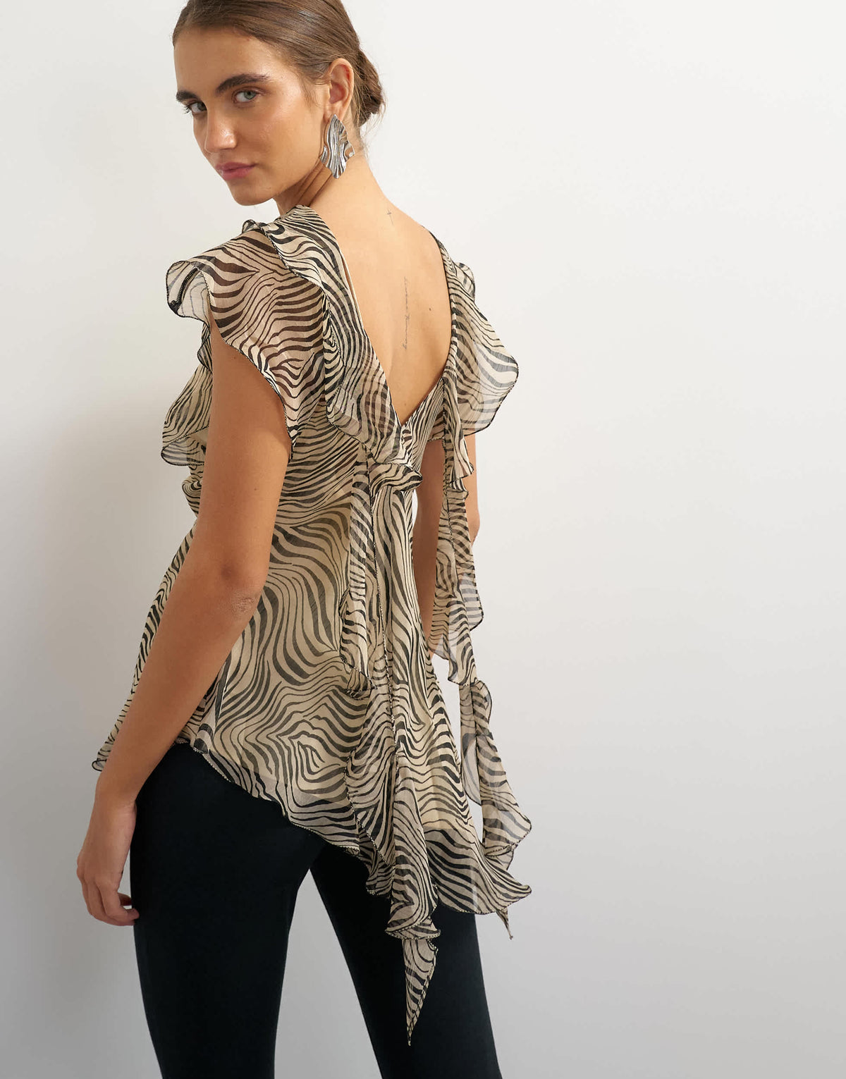 Topshop sheer drape neck top in mono zebra print