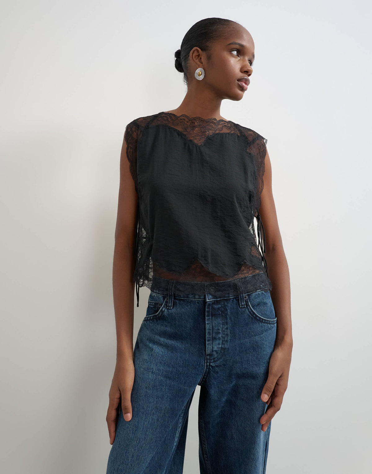 Topshop tie side lace detail top in black