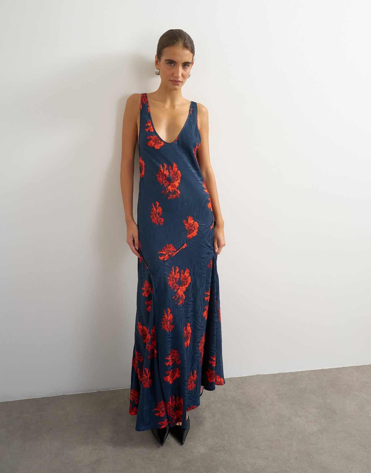Topshop satin jacquard dropped waist low scoop maxi dress in navy and red floral