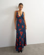 Topshop satin jacquard dropped waist low scoop maxi dress in navy and red floral
