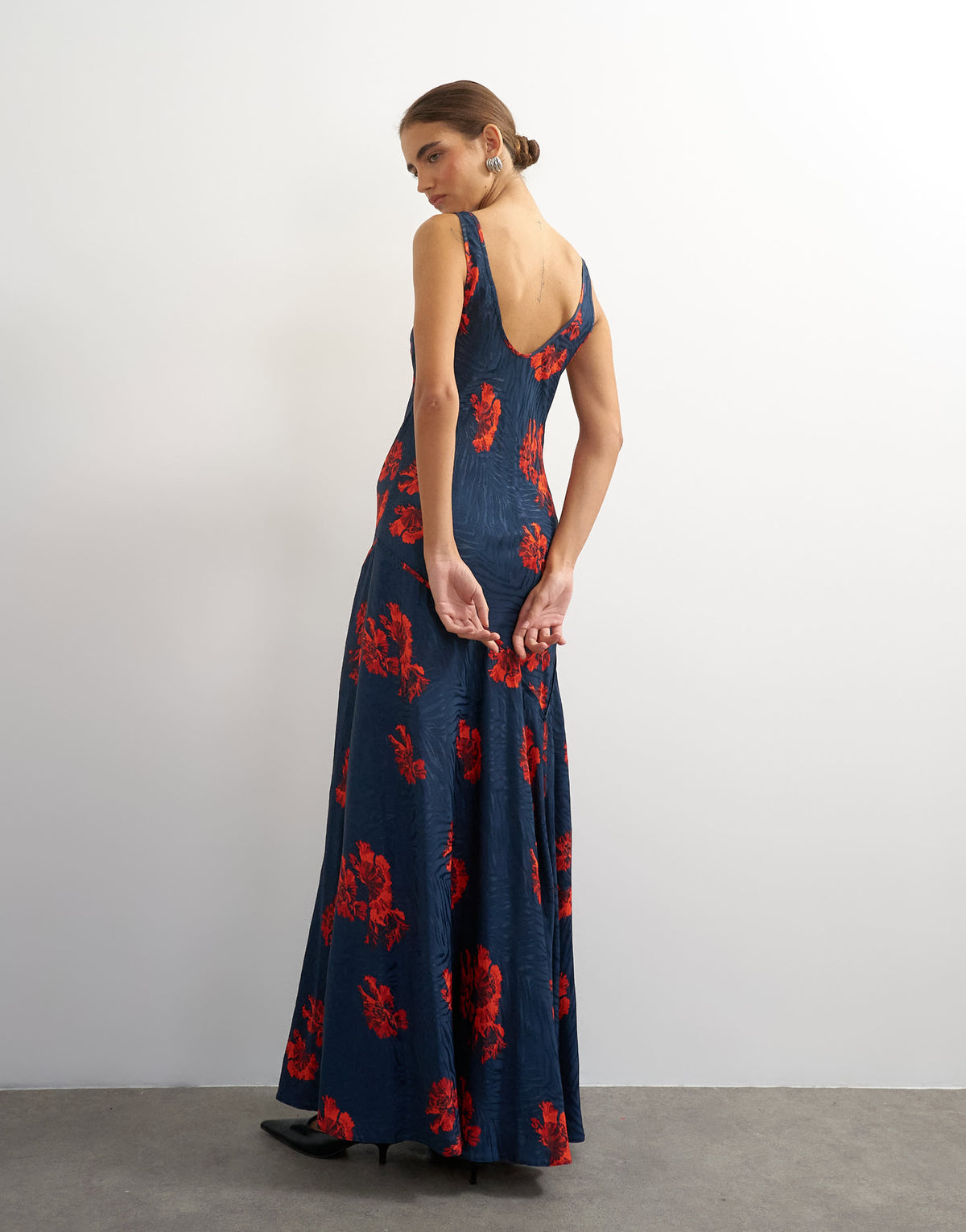Topshop satin jacquard dropped waist low scoop maxi dress in navy and red floral