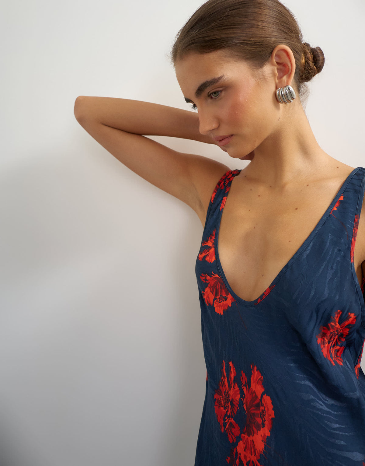 Topshop satin jacquard dropped waist low scoop maxi dress in navy and red floral