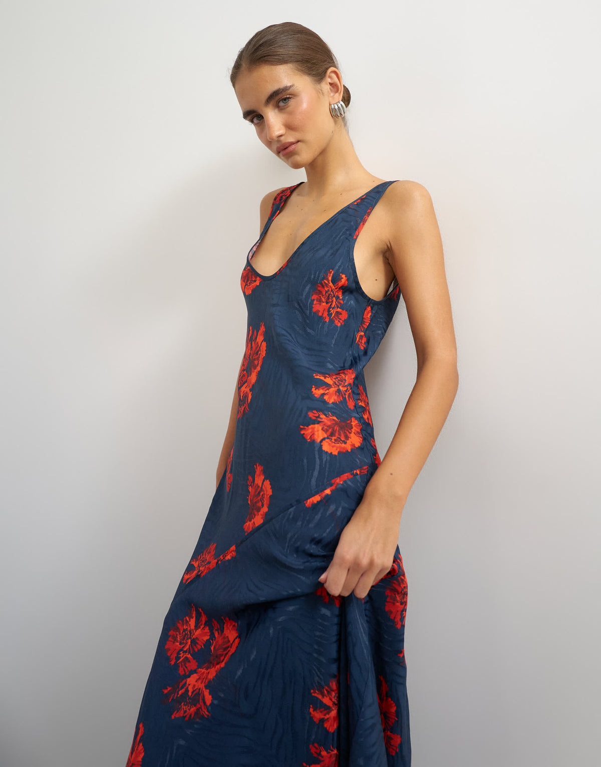 Topshop satin jacquard dropped waist low scoop maxi dress in navy and red floral
