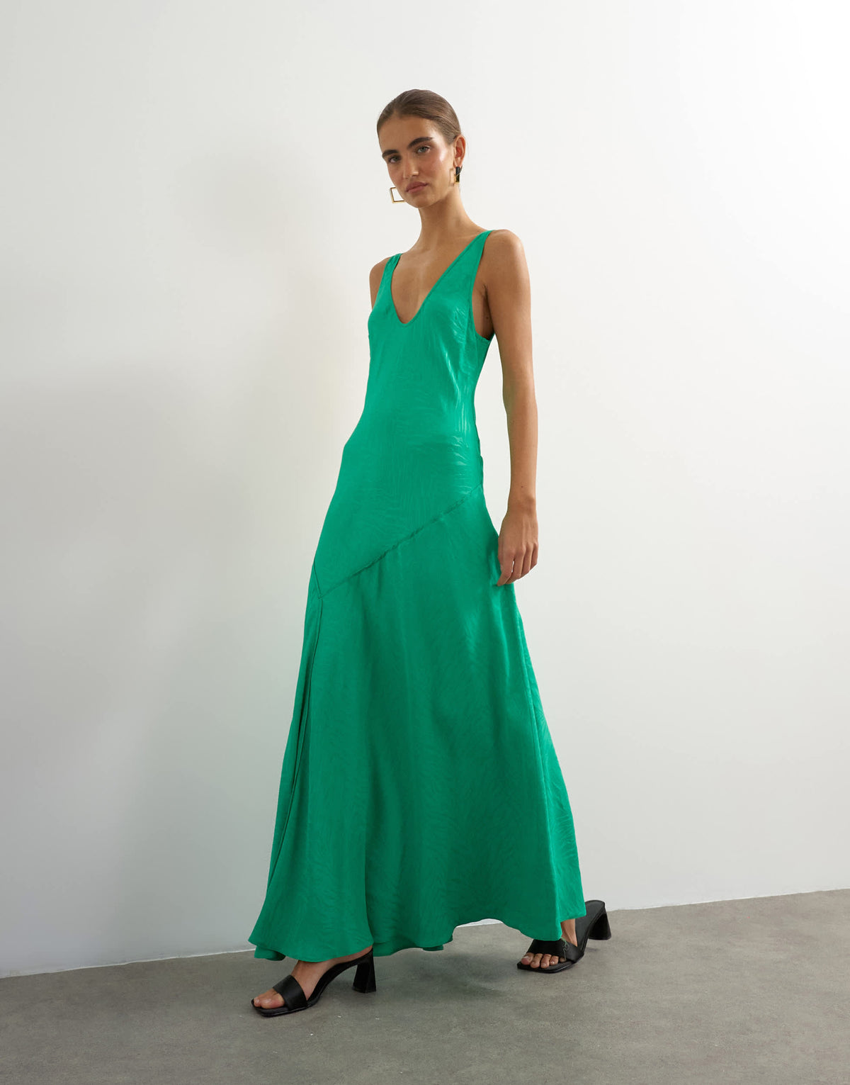 Topshop satin jacquard dropped waist low scoop maxi dress in green