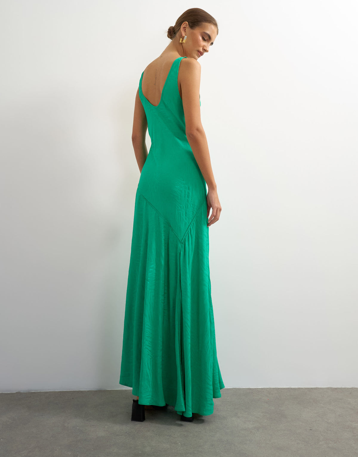 Topshop satin jacquard dropped waist low scoop maxi dress in green