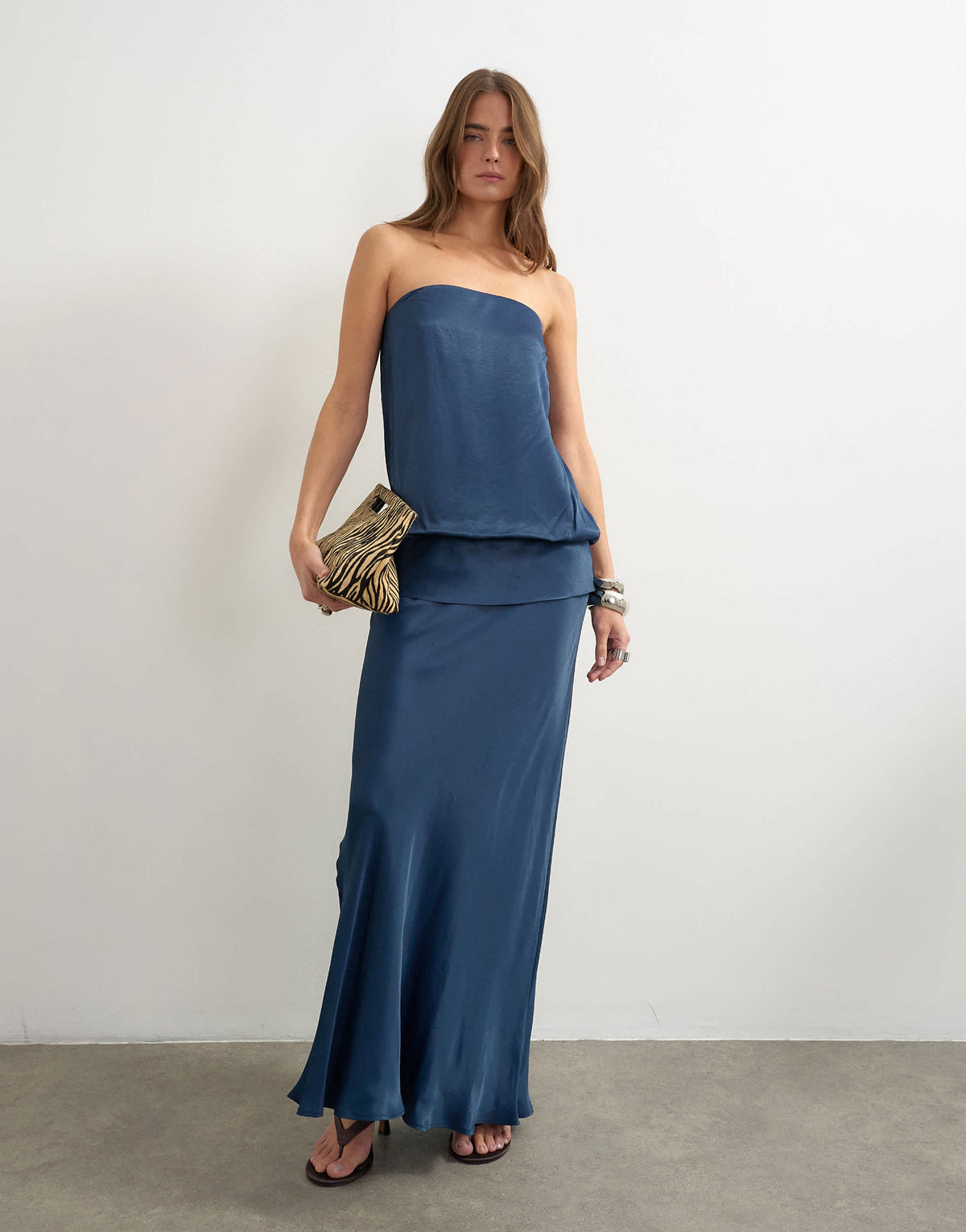 Topshop satin dropped waist blouson bandeau maxi dress in navy