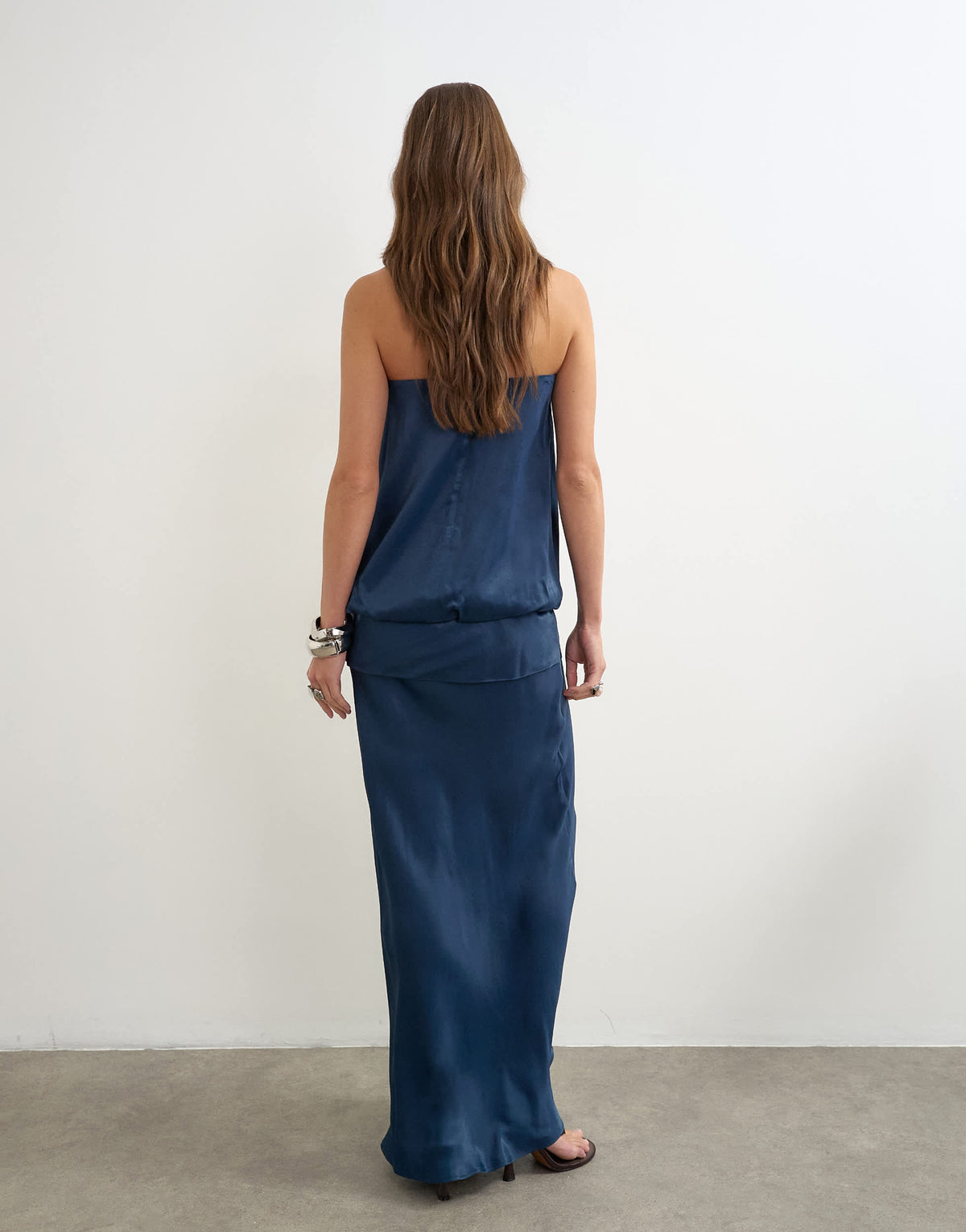 Topshop satin dropped waist blouson bandeau maxi dress in navy