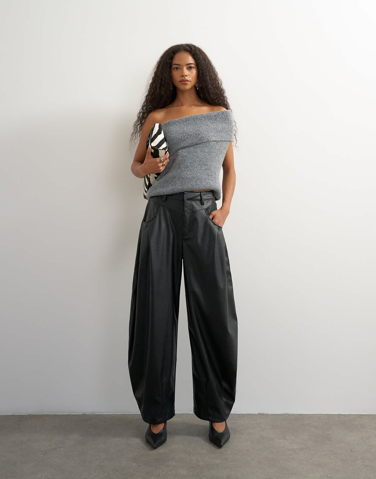 Topshop faux leather yoke detail barrel leg in black