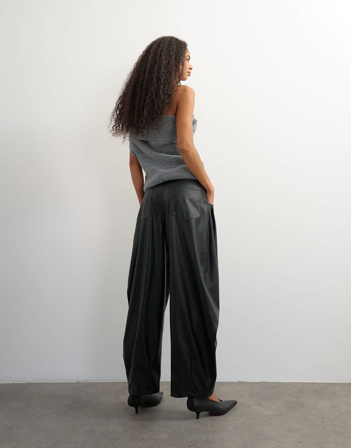 Topshop faux leather yoke detail barrel leg in black