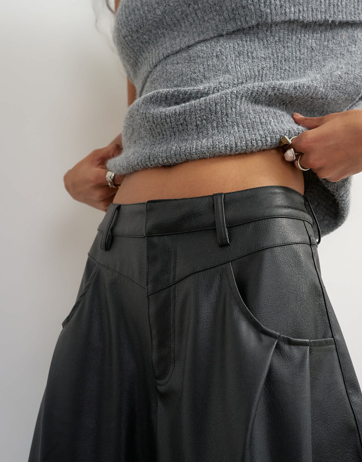 Topshop faux leather yoke detail barrel leg in black