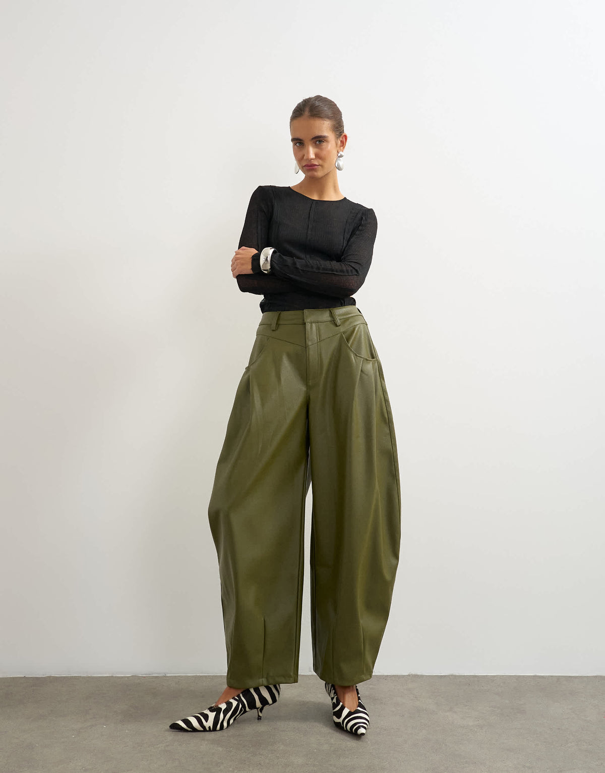 Topshop faux leather yoke detail barrel leg in khaki