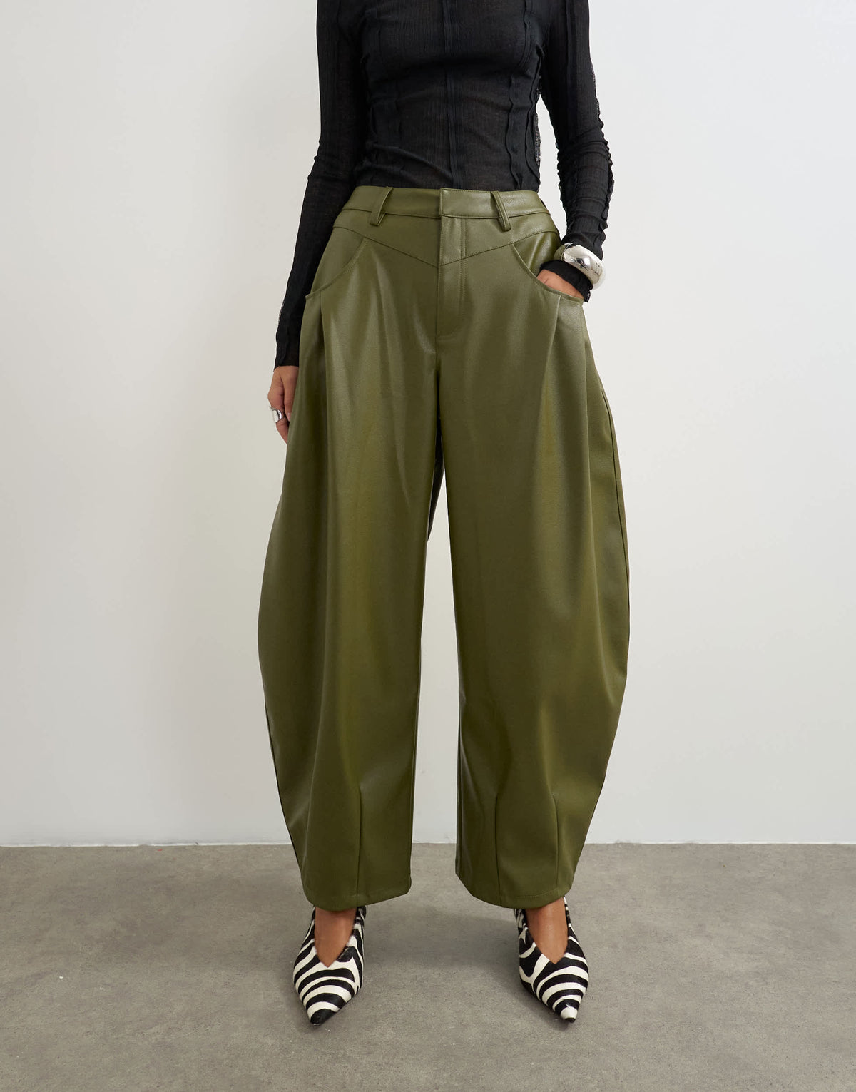 Topshop faux leather yoke detail barrel leg in khaki