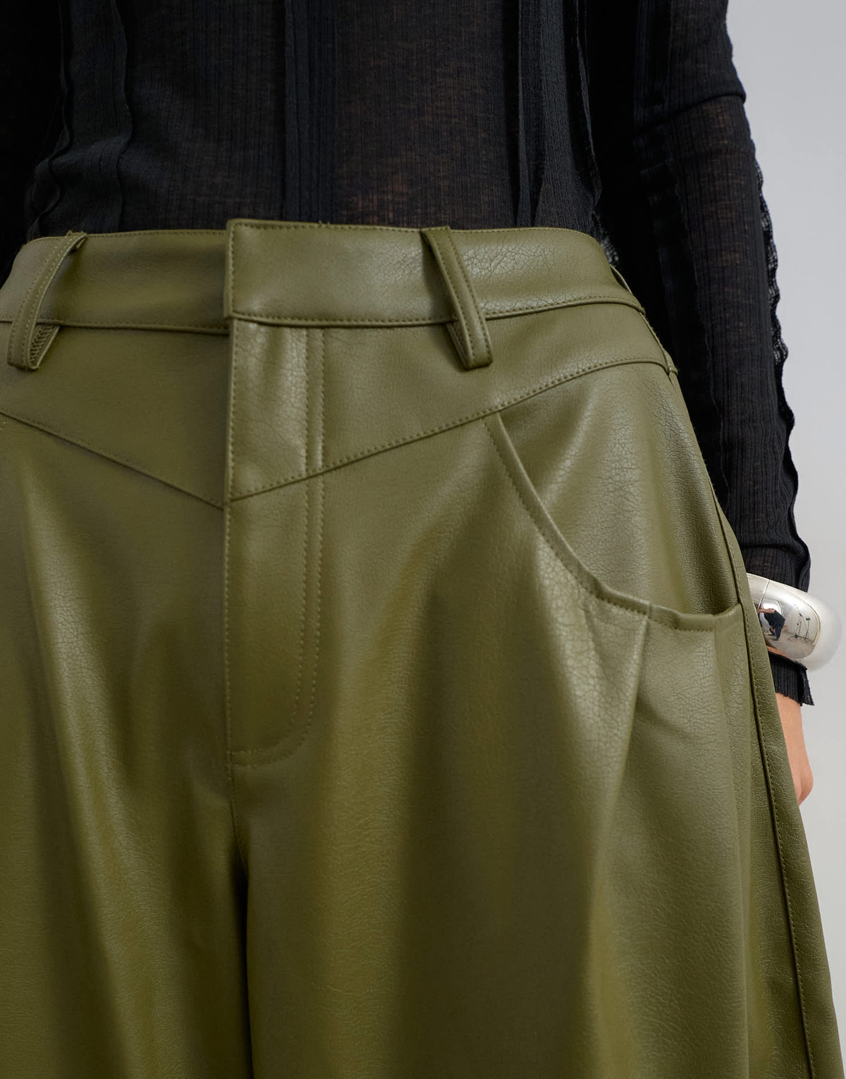 Topshop faux leather yoke detail barrel leg in khaki