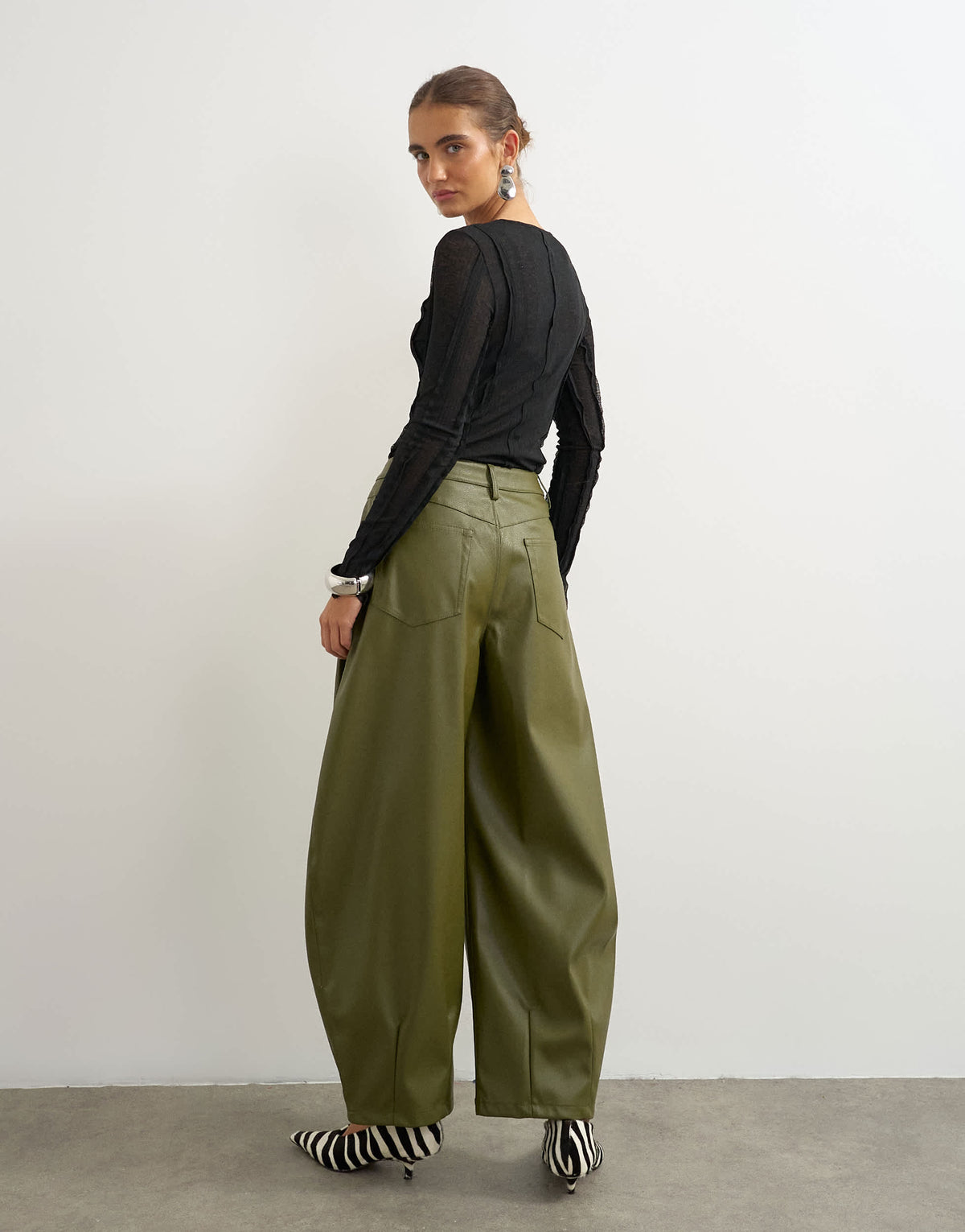 Topshop faux leather yoke detail barrel leg in khaki