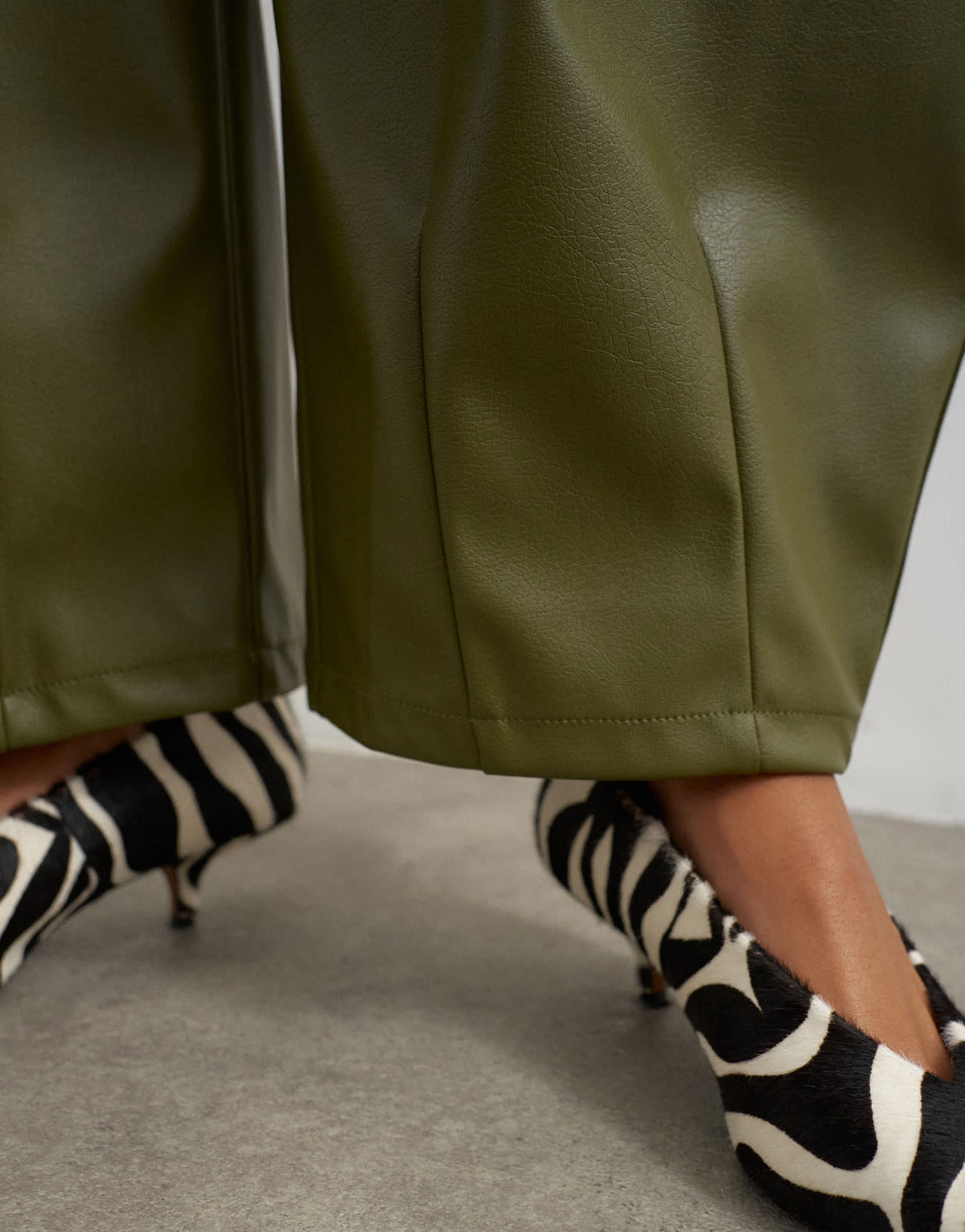 Topshop faux leather yoke detail barrel leg in khaki